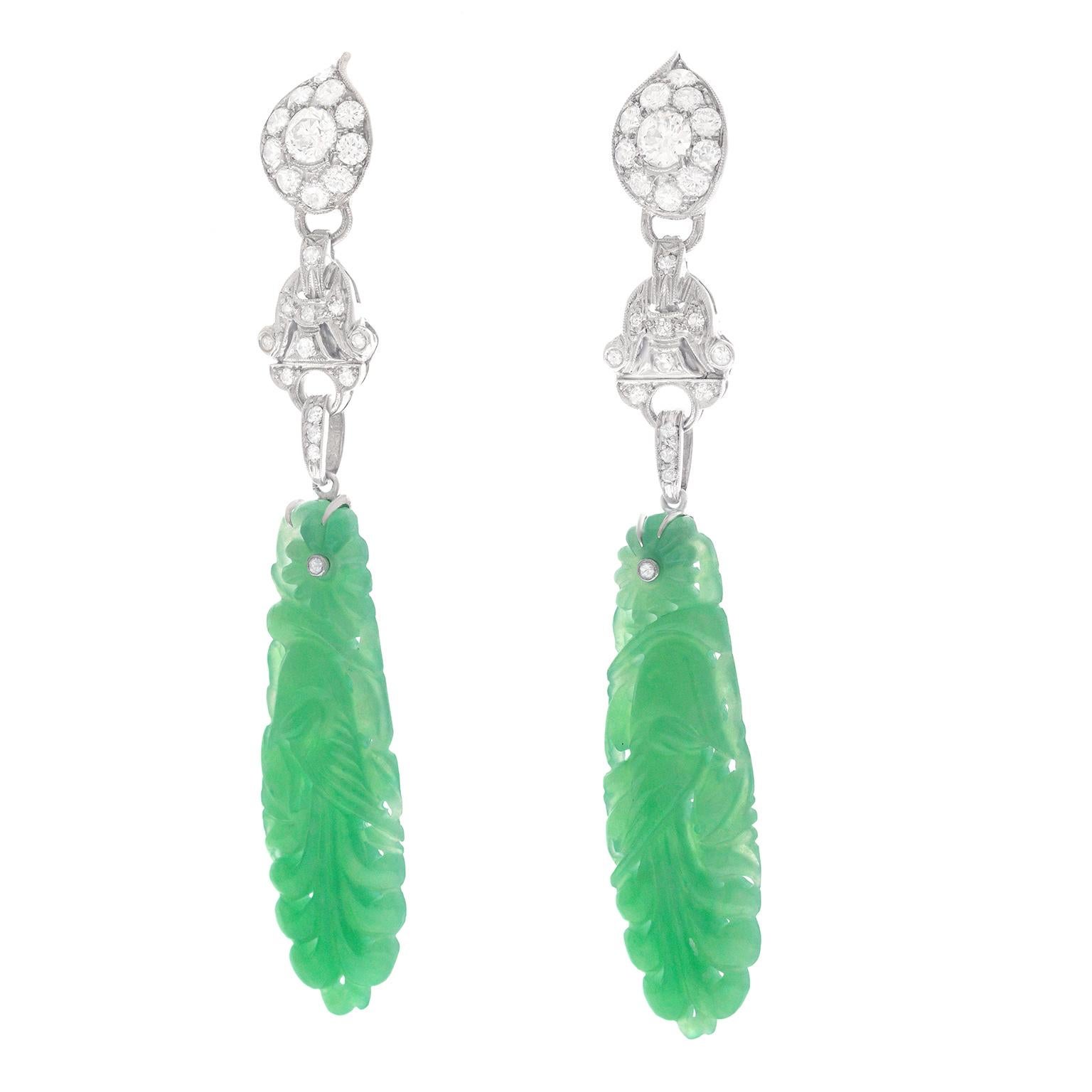 Art Deco Lawrence Jeffrey Deco Inspired Jade and Diamond set Platinum Earrings