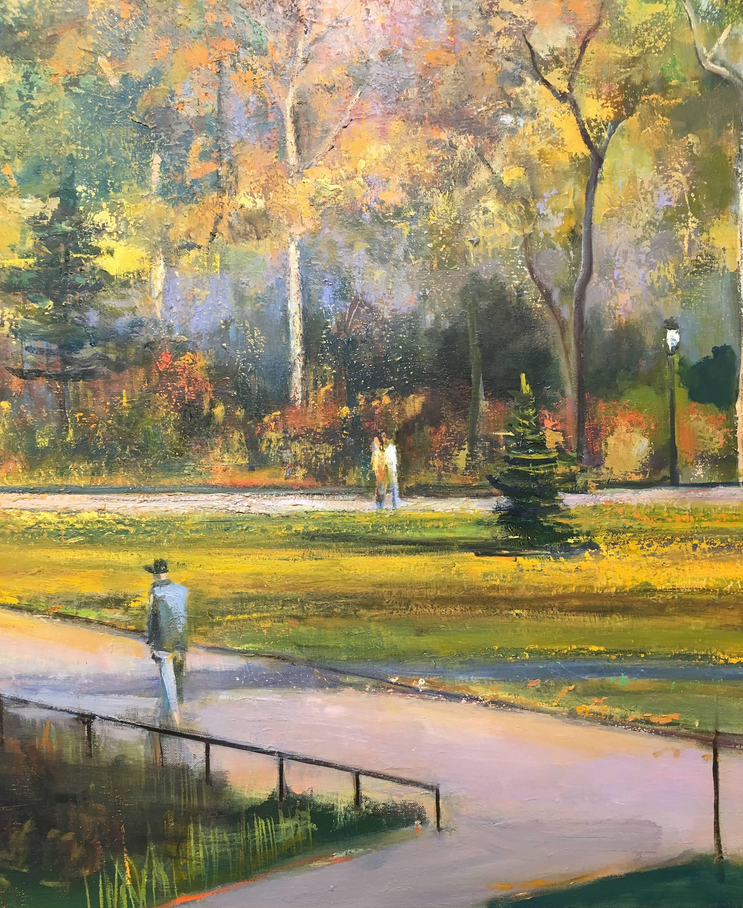 'Autumn Afternoon Walk' 2006-2012 by American artist, Lawrence Kelsey. Oil on canvas, 30 x 36 in. / Handmade gold frame: 38.5 x 32.5 in. This painting depicts an impressionistic view of NYC's park. High rise buildings hover above the lush, autumnal