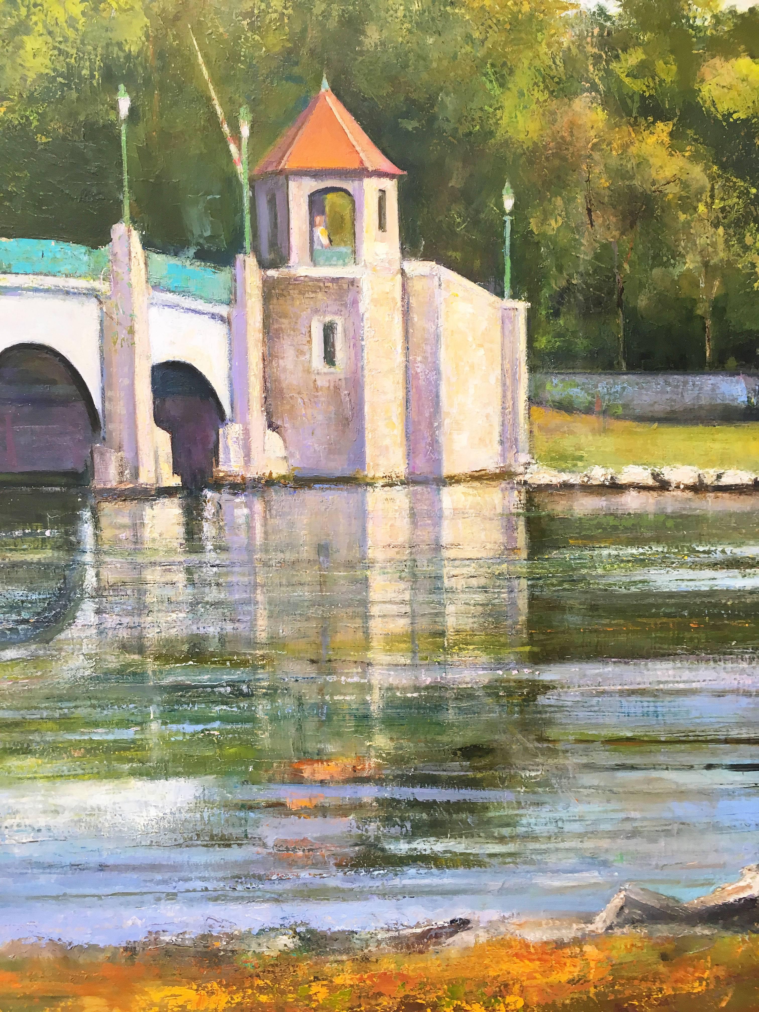 Glen Island Bridge, New Rochelle - Gray Landscape Painting by Lawrence Kelsey