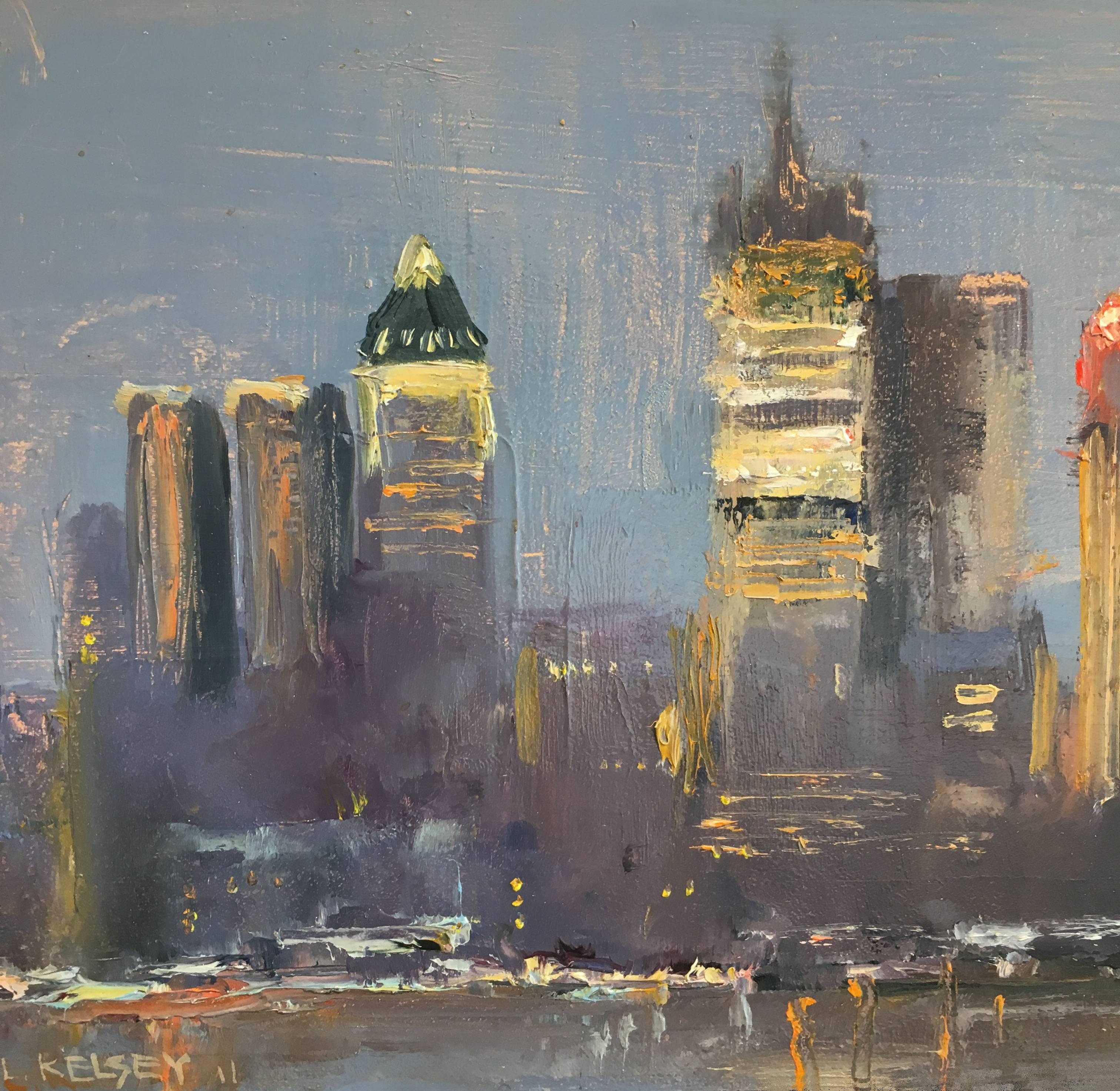 New York Waterfront & Skyline - Gray Landscape Painting by Lawrence Kelsey