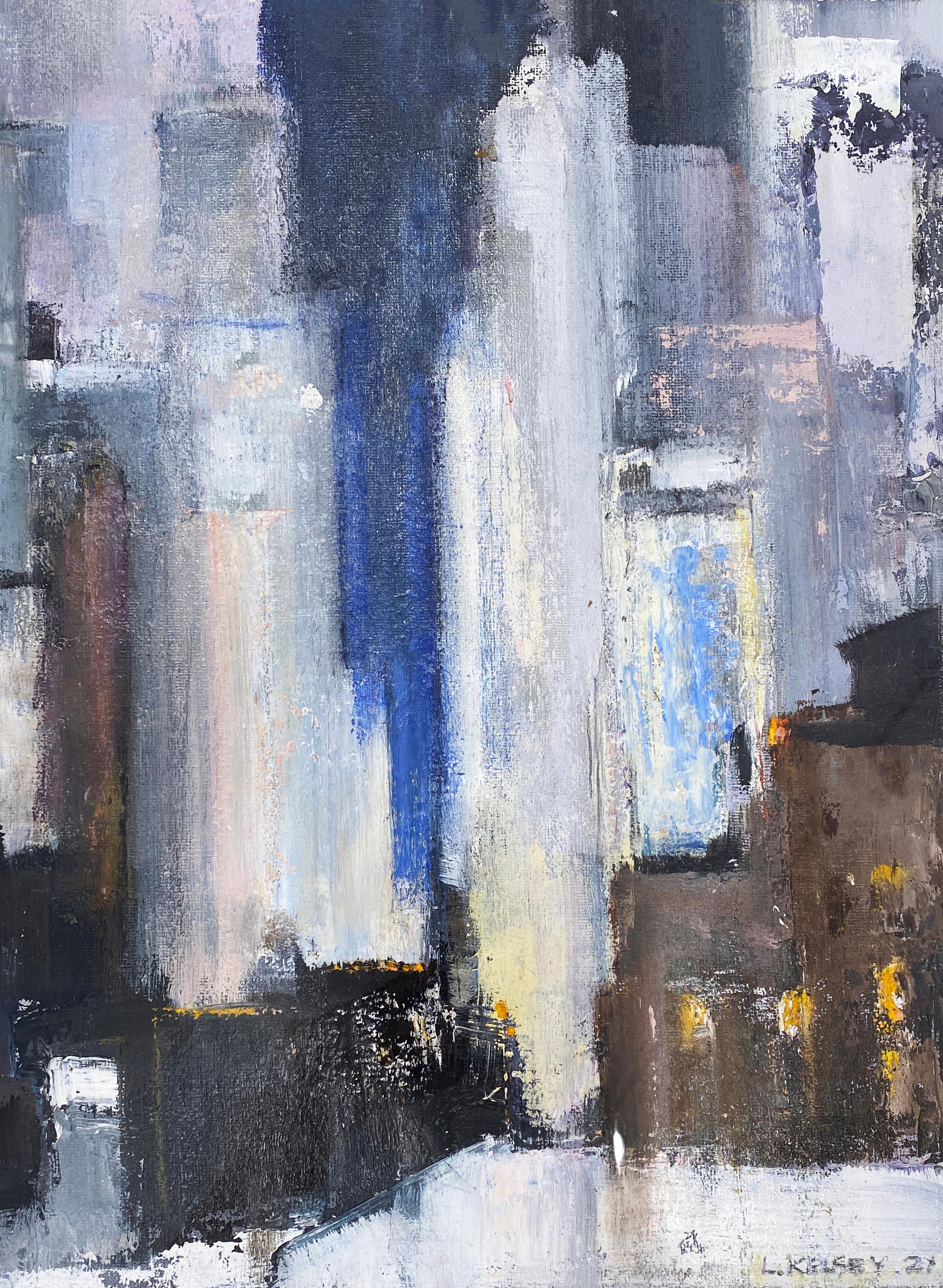 'City At Night' 2021 by American artist, Lawrence Kelsey. Oil on canvas, 14.5 x 11 in. / Frame: 20 x 16 in. Depicting a night view of New York City, this impressionistic painting incorporates rich colors of blue, light blue, black, yellow, and
