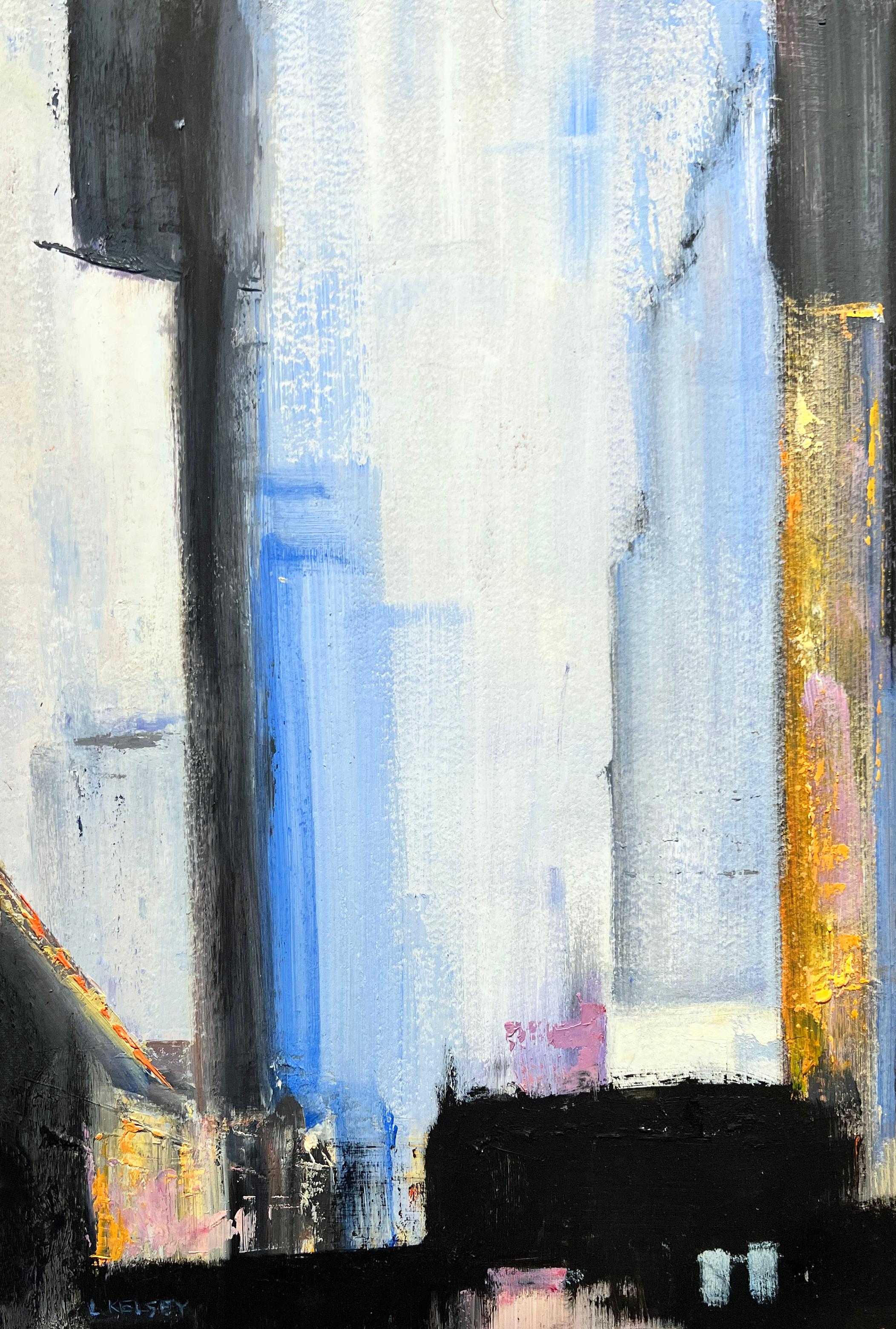 weiße Nacht" 2020 des amerikanischen Künstlers Lawrence Kelsey. Öl auf Leinwand, 16,5 x 11,25 cm. / Rahmen: 20 x 16 Zoll. Dieses impressionistische Gemälde, das eine Nachtansicht von New York City zeigt, enthält satte Farben in Blau, Hellblau,