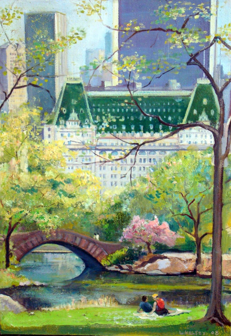 'Central Park, Spring Afternoon' 2009 by American artist, Lawrence Kelsey. Oil on panel, 19.5 x 13.5 in. / Handmade gold frame: 24 x 18 in. Depicting a view of Central Park in New York City. This landscape painting incorporates rich colors of green,