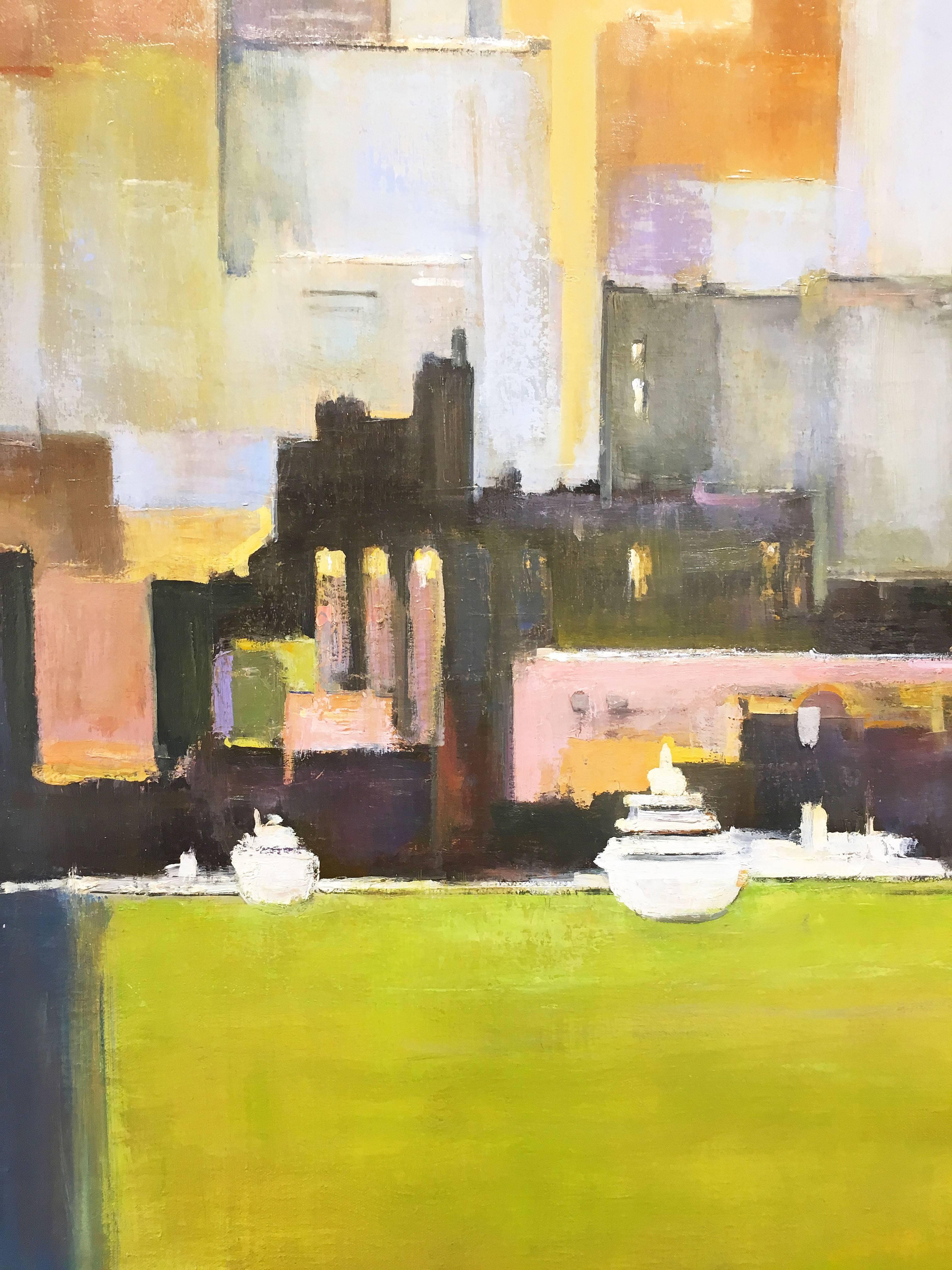 'Ships At Dock, New York' 2017 by American artist, Lawrence Kelsey. Oil on canvas, 30 x 36 in. / Handmade gold frame: 39 x 32.75 in. This painting features NYC's waterfront with skyscrapers hovering over the ships below. Combining figuration and