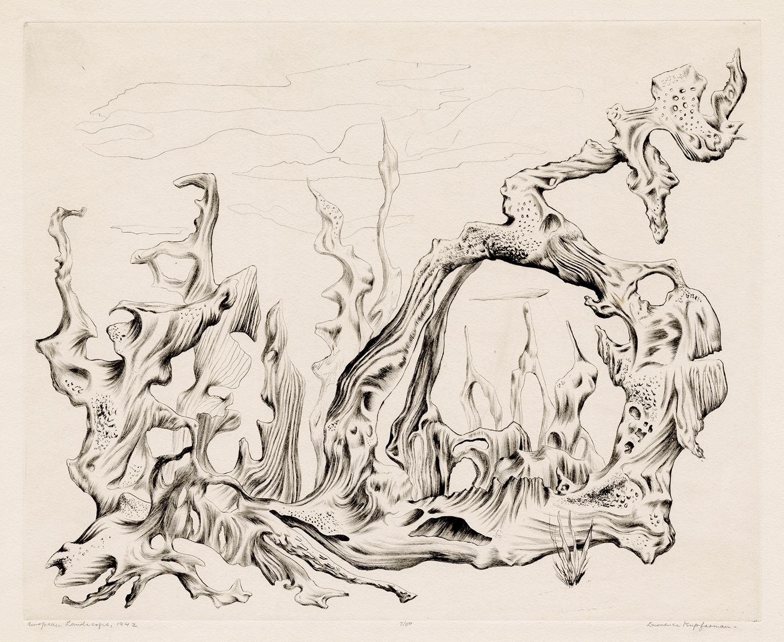 Lawrence Kupferman Abstract Print - 'European Landscape' —Mid-century American Surrealism