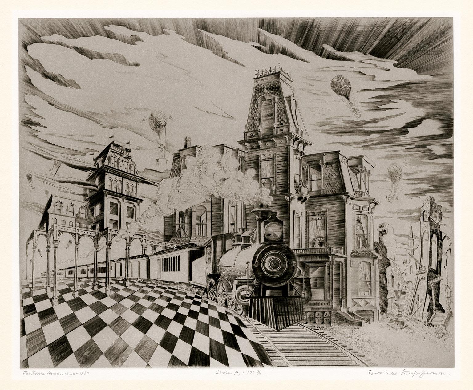 Figurative Print de Lawrence Kupferman - Fantasía Americana, 1880" - Surrealismo americano de mediados de siglo