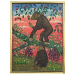 Lawrence Lebduska American Folk Art Painting with Monkeys