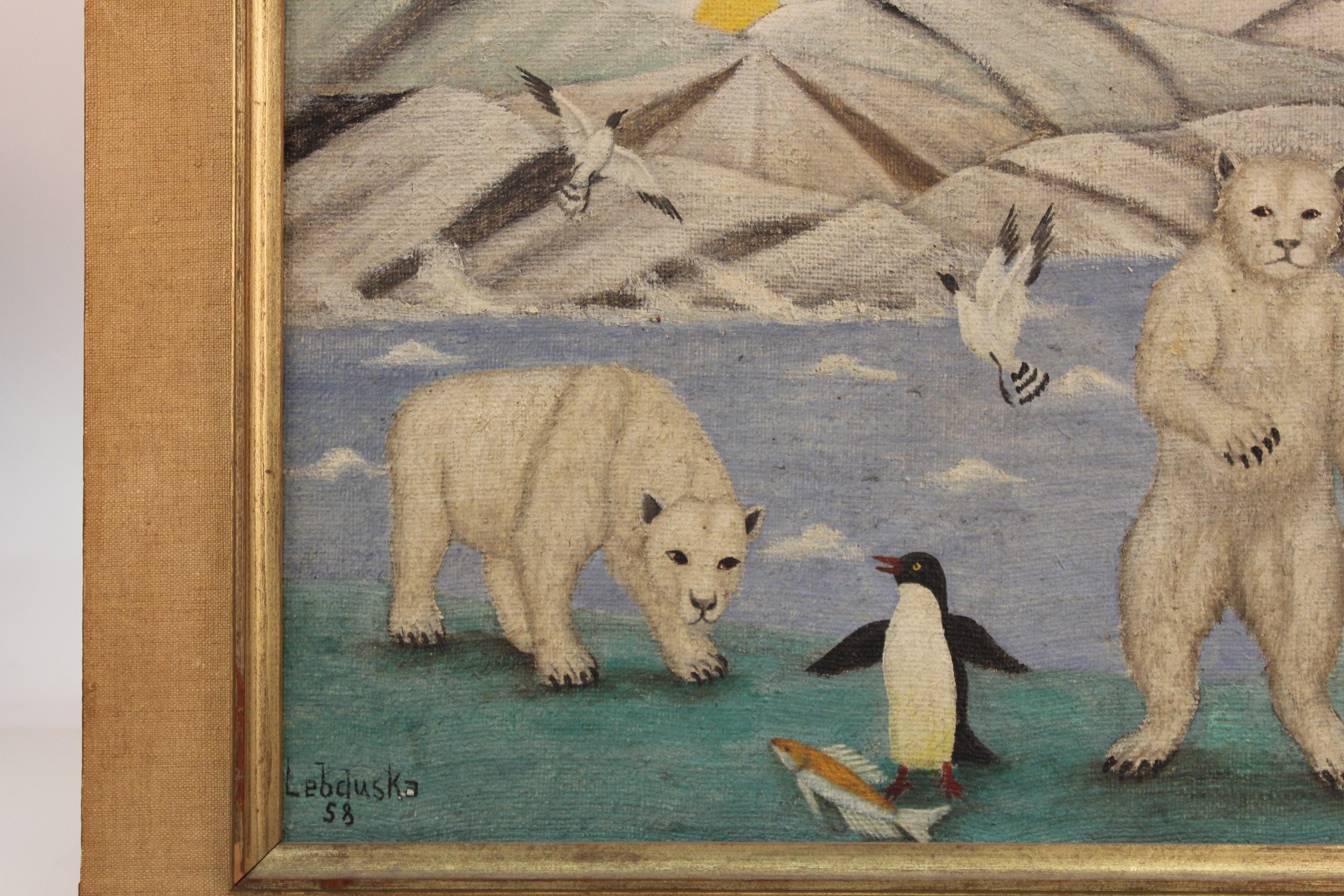 Painted Lawrence Lebduska American Folk Art Painting with Polar Bears & Penguin