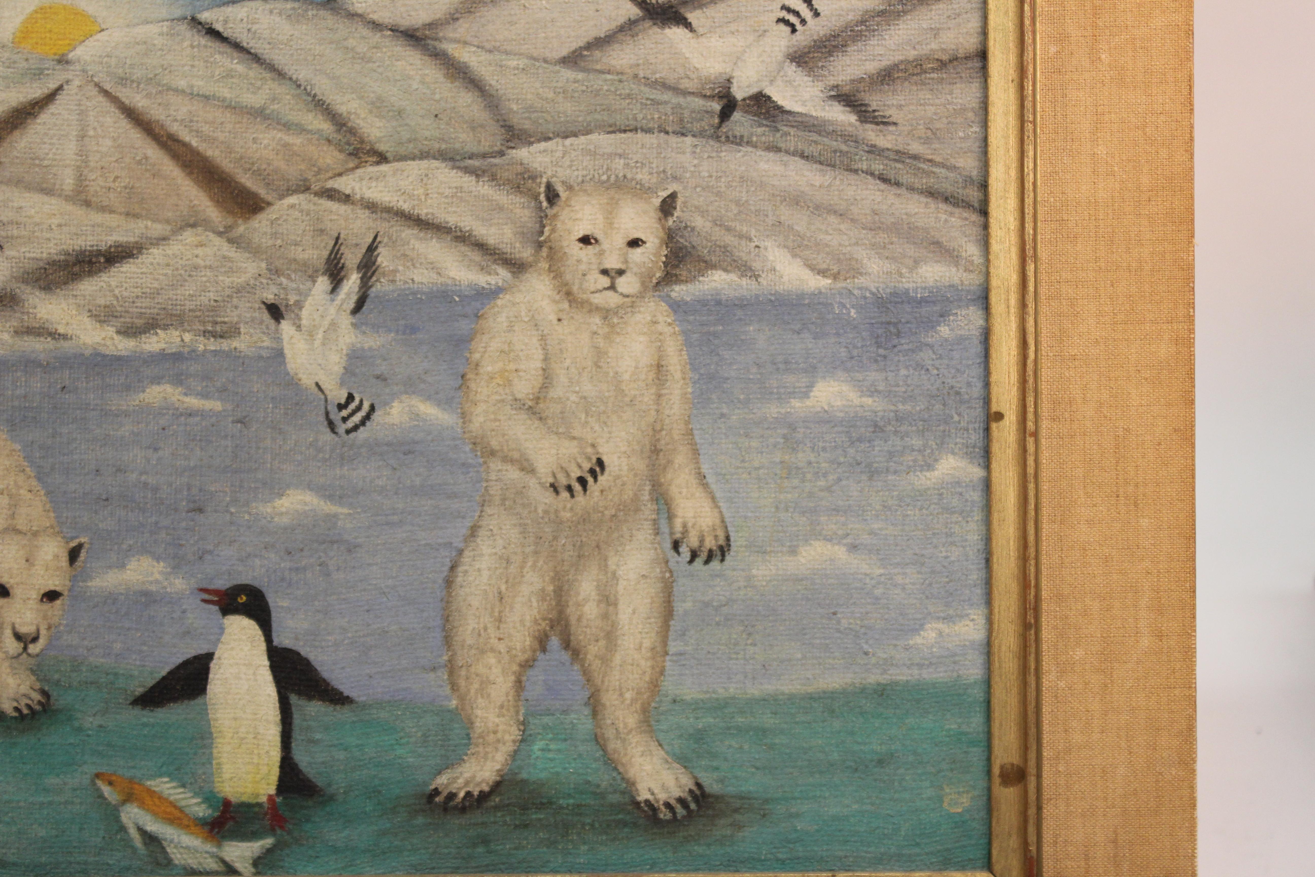 Lawrence Lebduska American Folk Art Painting with Polar Bears & Penguin In Good Condition In New York, NY