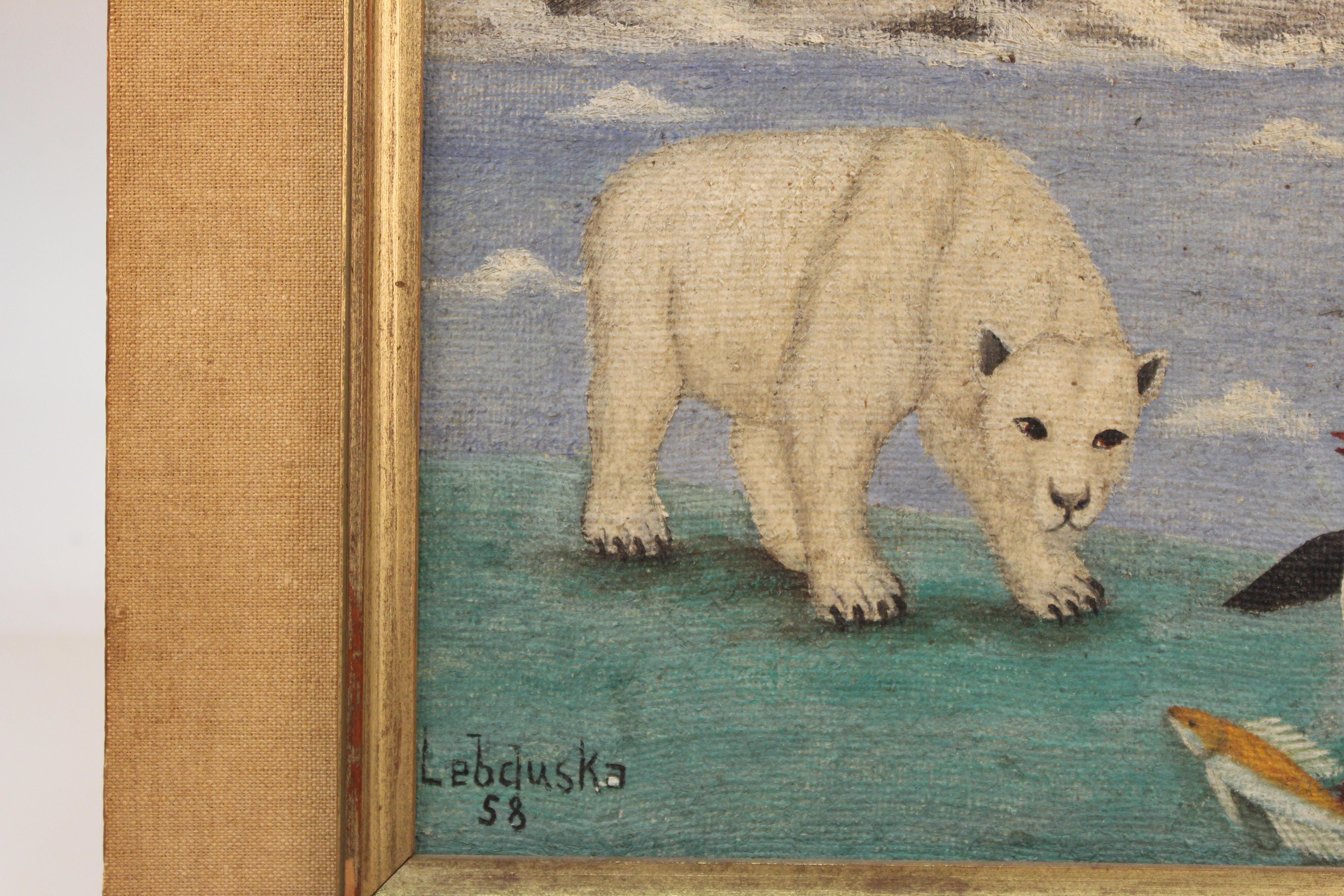 Mid-20th Century Lawrence Lebduska American Folk Art Painting with Polar Bears & Penguin