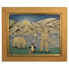 Lawrence Lebduska American Folk Art Painting with Polar Bears & Penguin