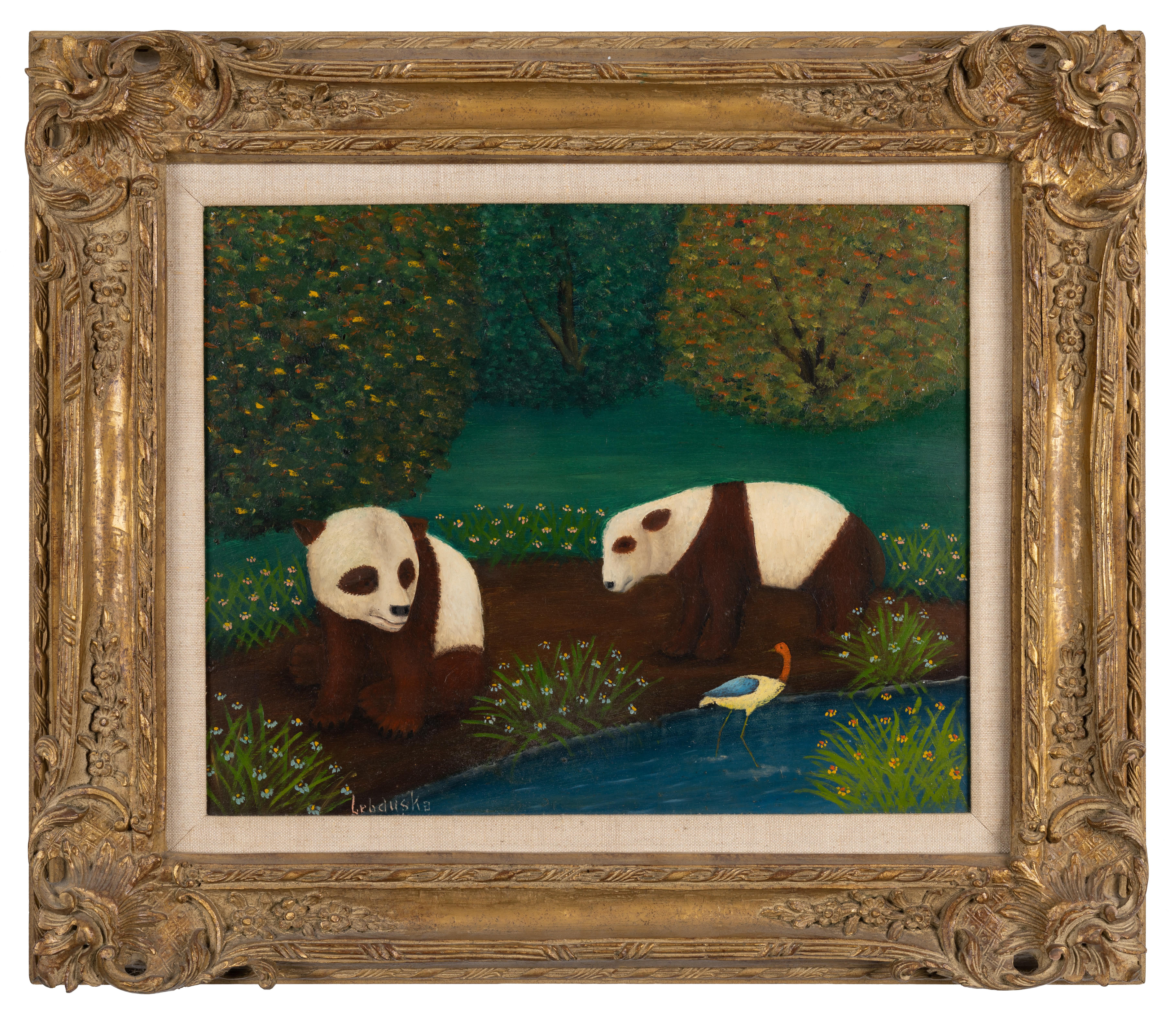 Lawrence Lebduska Animal Painting - Two Pandas by the Water