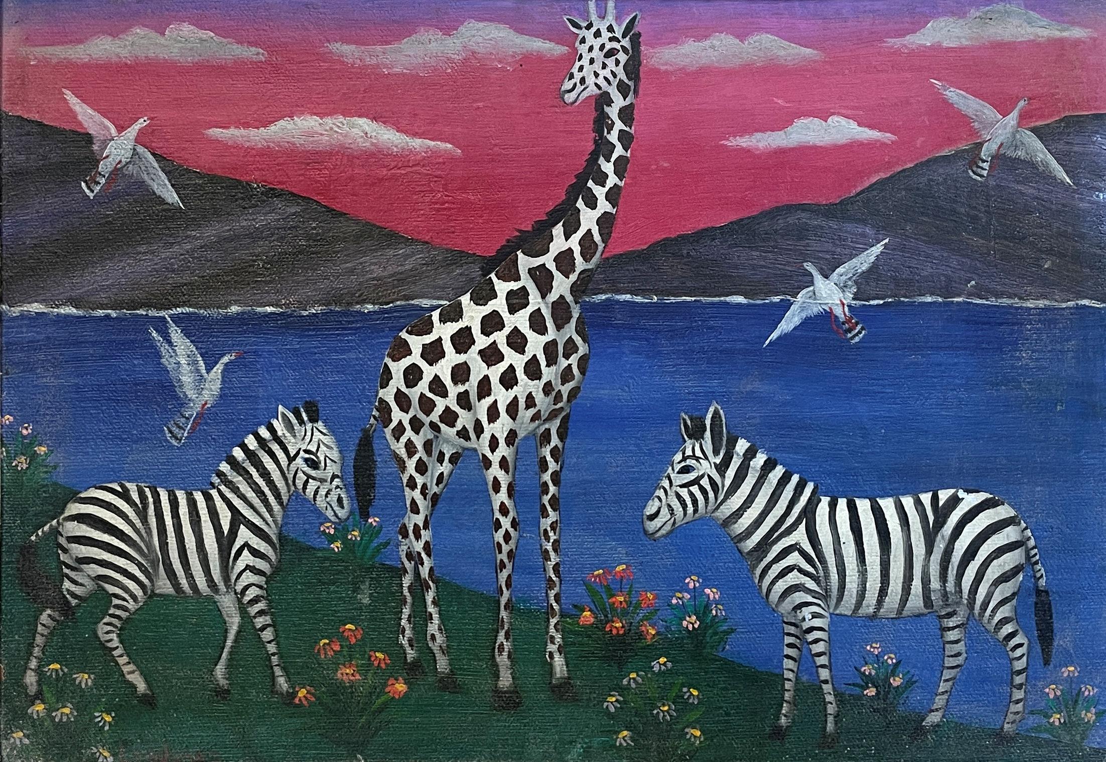 "Zebra, Giraffes, and Birds," Lawrence Lebduska, Folk Art Animal Landscape