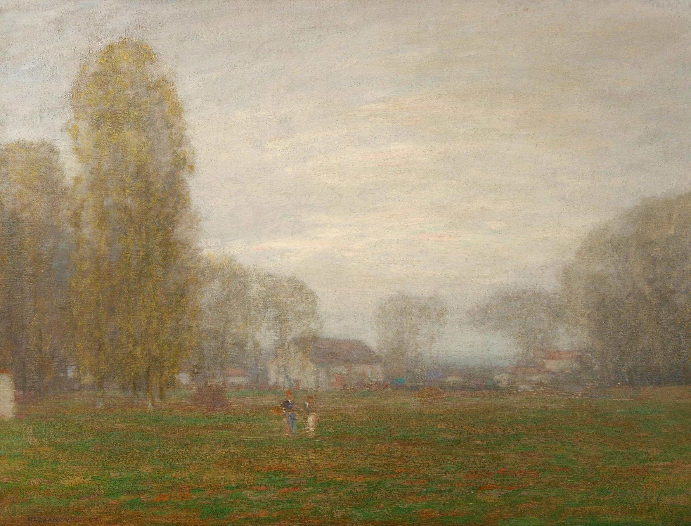 Neblige Landschaft mit Figuren – Painting von Lawrence Mazzanovich