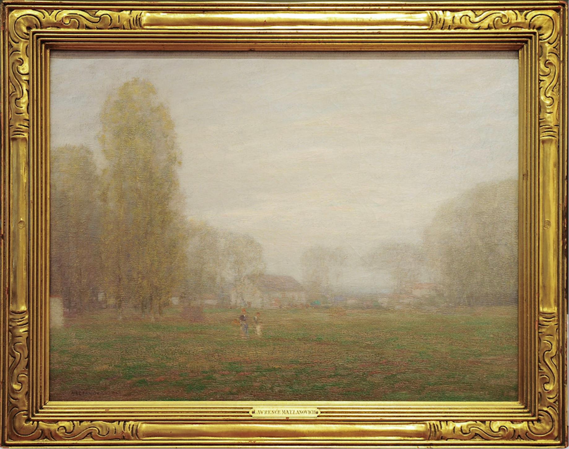 Lawrence Mazzanovich Landscape Painting – Neblige Landschaft mit Figuren