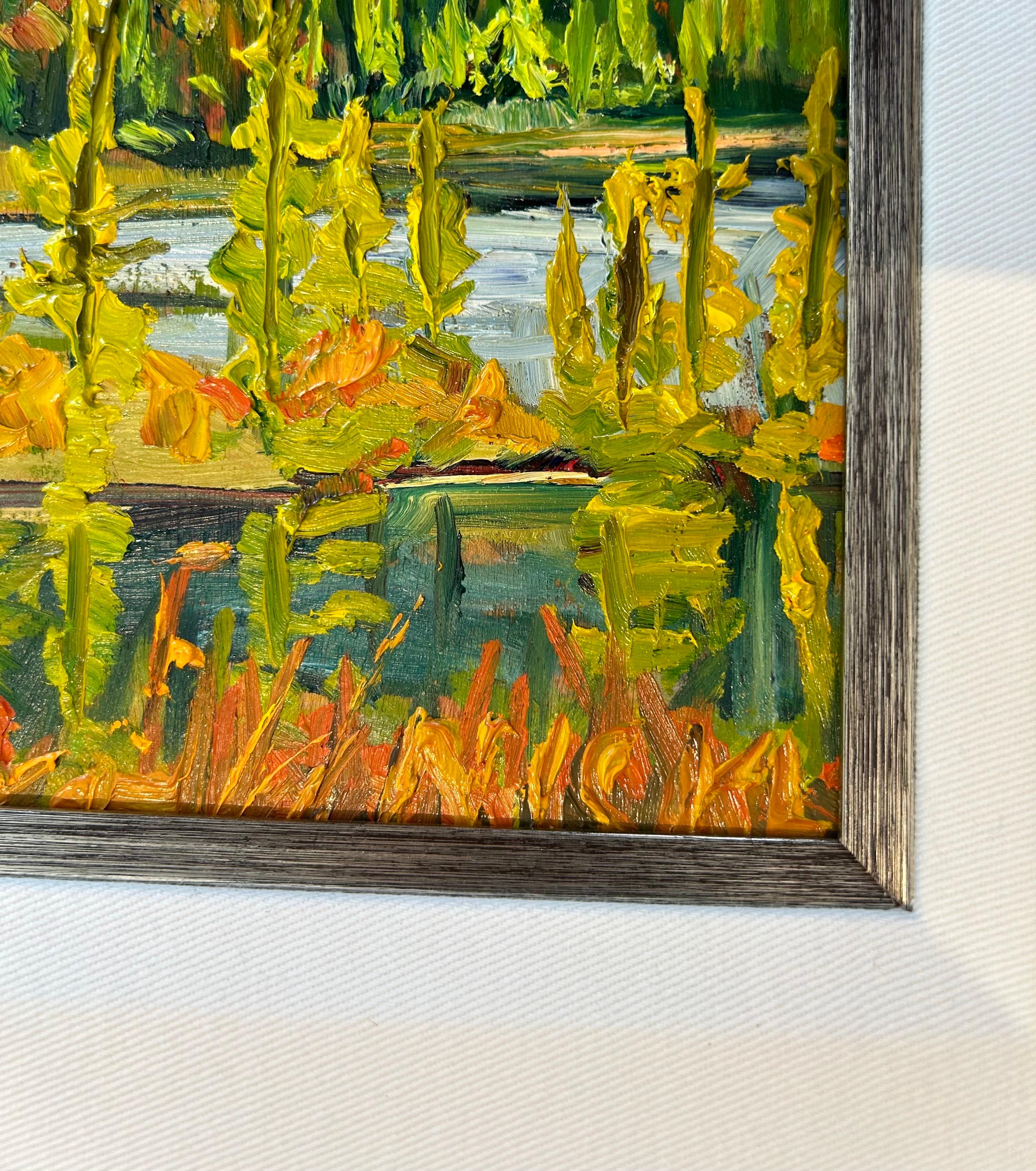 Paisaje otoñal Plein Air 'Peggs Lake at Peggs Mountain Road' (Lago Peggs en Peggs Mountain Road) - Painting de Lawrence Nickle