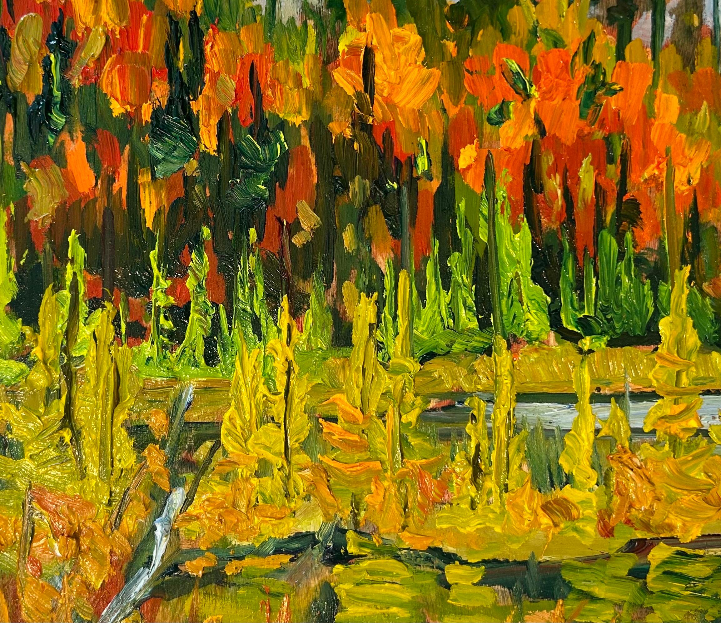 Paisaje otoñal Plein Air 'Peggs Lake at Peggs Mountain Road' (Lago Peggs en Peggs Mountain Road) - Painting Otro estilo de arte de Lawrence Nickle