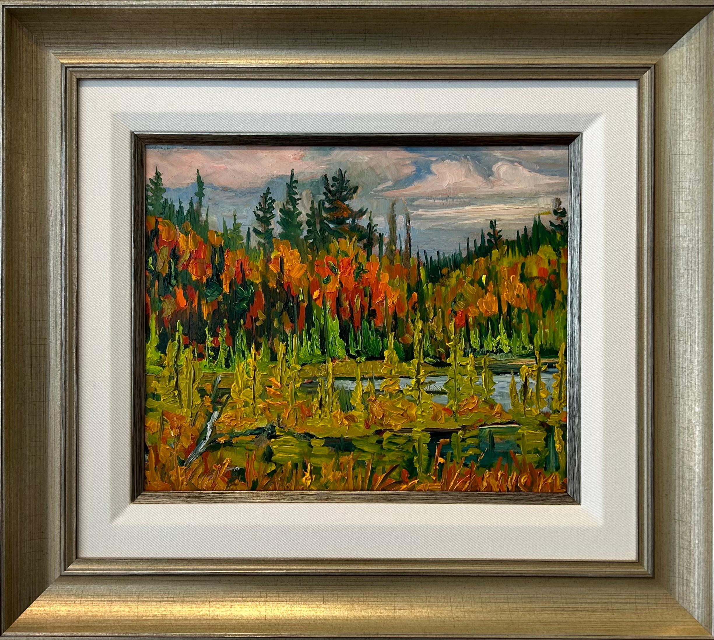 Landscape Painting de Lawrence Nickle - Paisaje otoñal Plein Air 'Peggs Lake at Peggs Mountain Road' (Lago Peggs en Peggs Mountain Road)