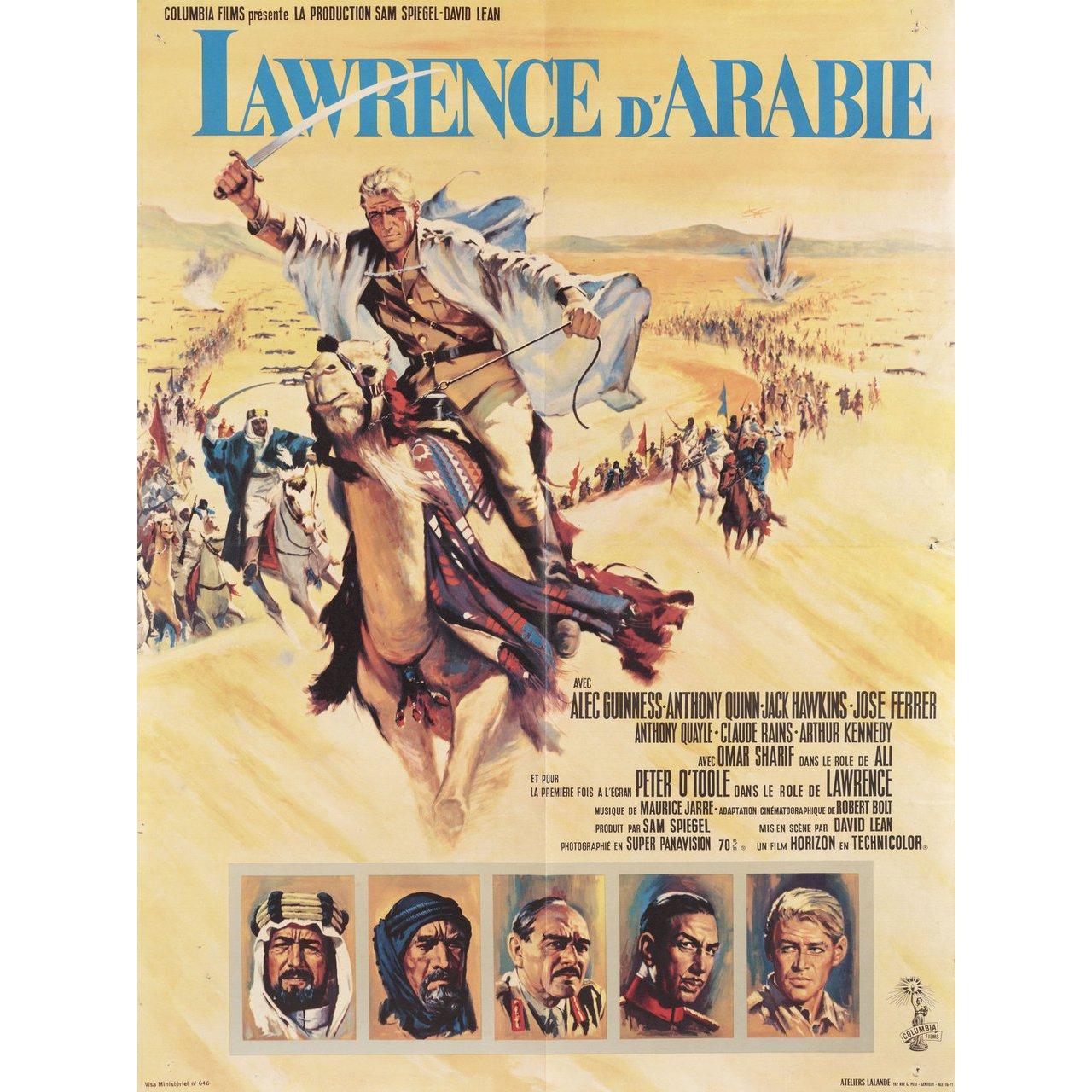 Originalplakat von 1962 für den Film Lawrence von Arabien unter der Regie von David Lean mit Peter O'Toole / Alec Guinness / Anthony Quinn / Jack Hawkins. Sehr guter Zustand, gefaltet mit Nadellöchern und Falzabnutzung. Viele Originalplakate wurden
