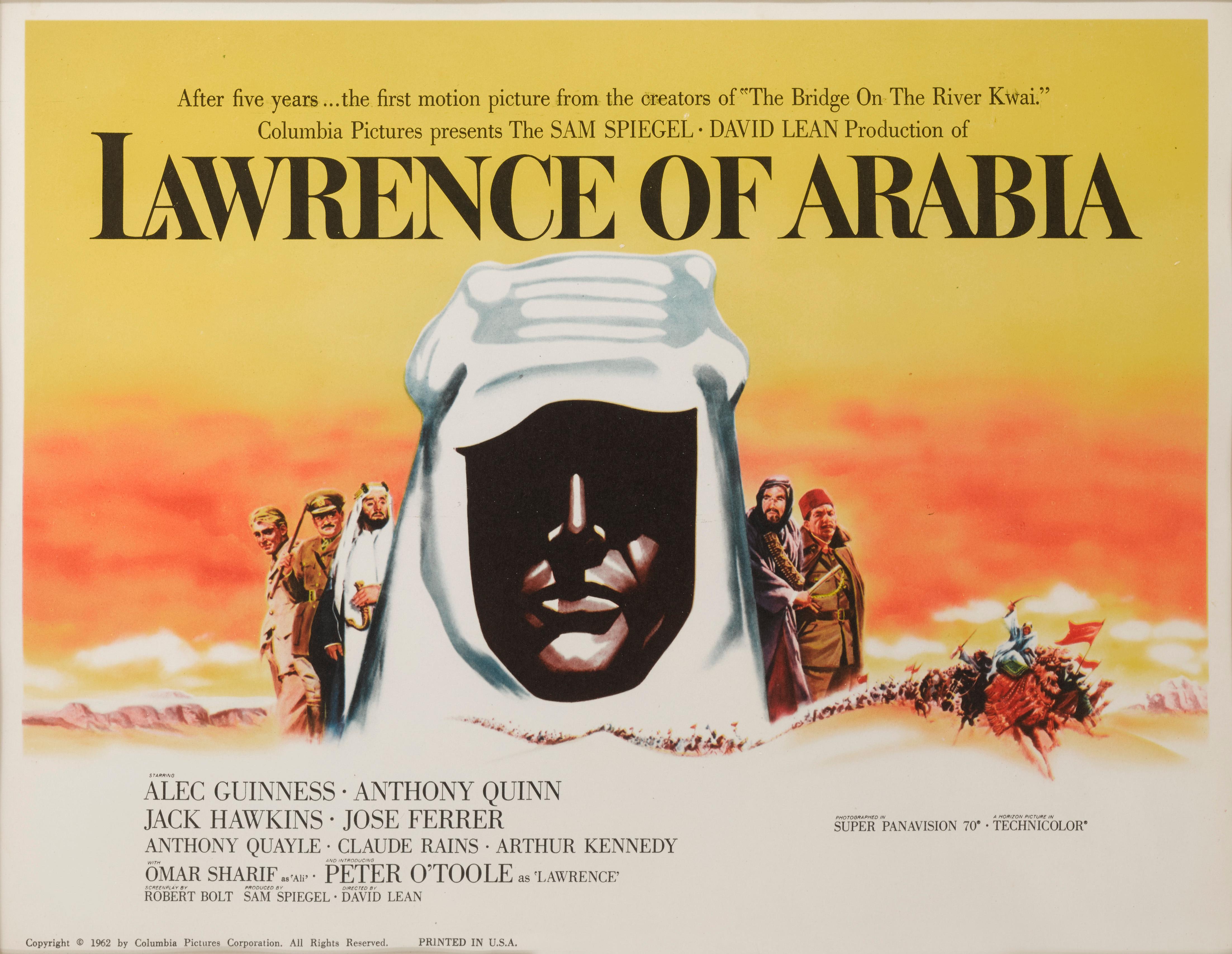 Original American Title lobby card for the films US release in 1962.
This epic British film is based on the life of T. E. Lawrence. It was directed by David Lean and produced by Sam Spiegel. The film stars Peter O'Toole in the title role, together