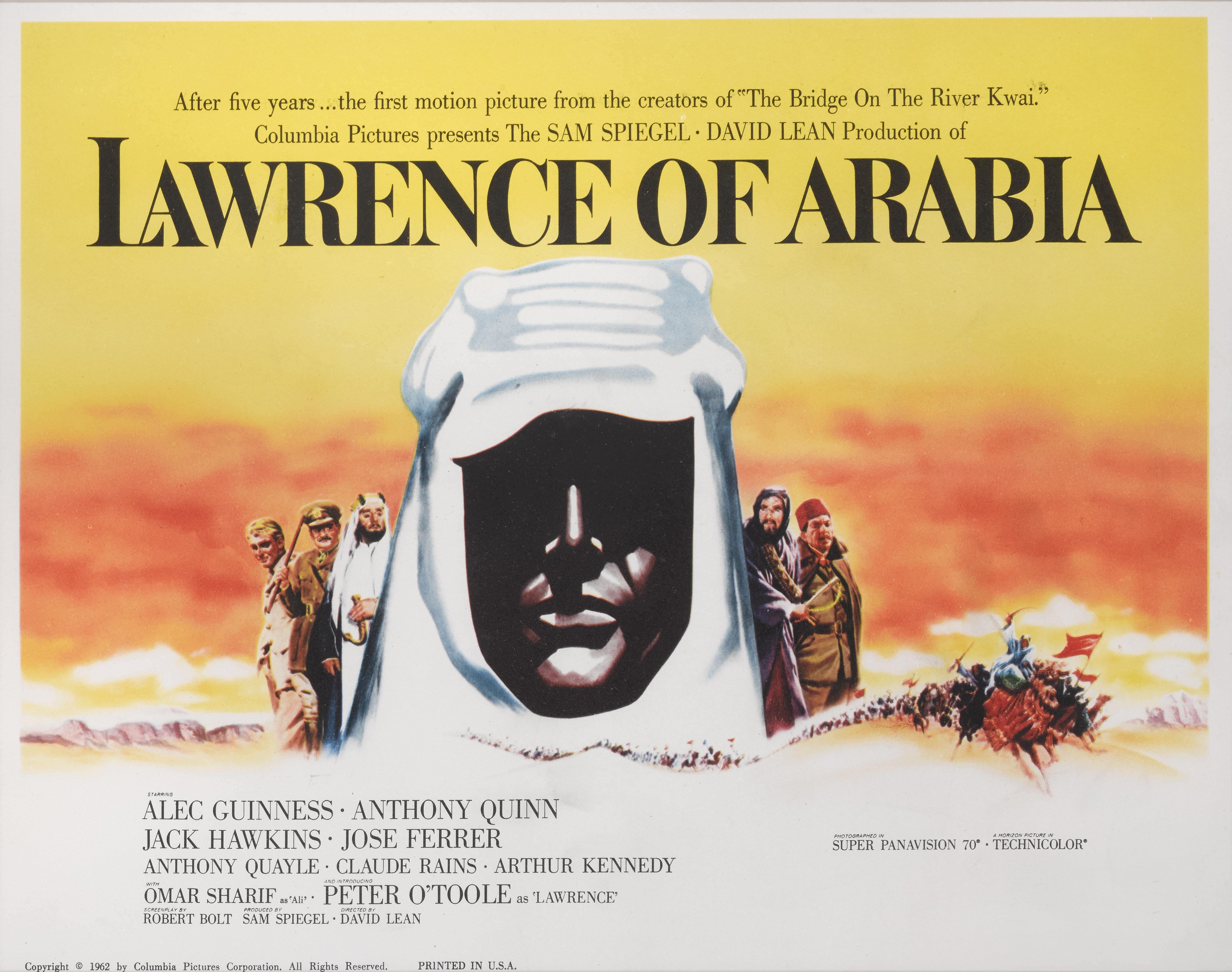 Original American Title lobby card for the films US release in 1962.
This epic British film is based on the life of T. E. Lawrence. It was directed by David Lean and produced by Sam Spiegel. The film stars Peter O'Toole in the title role, together