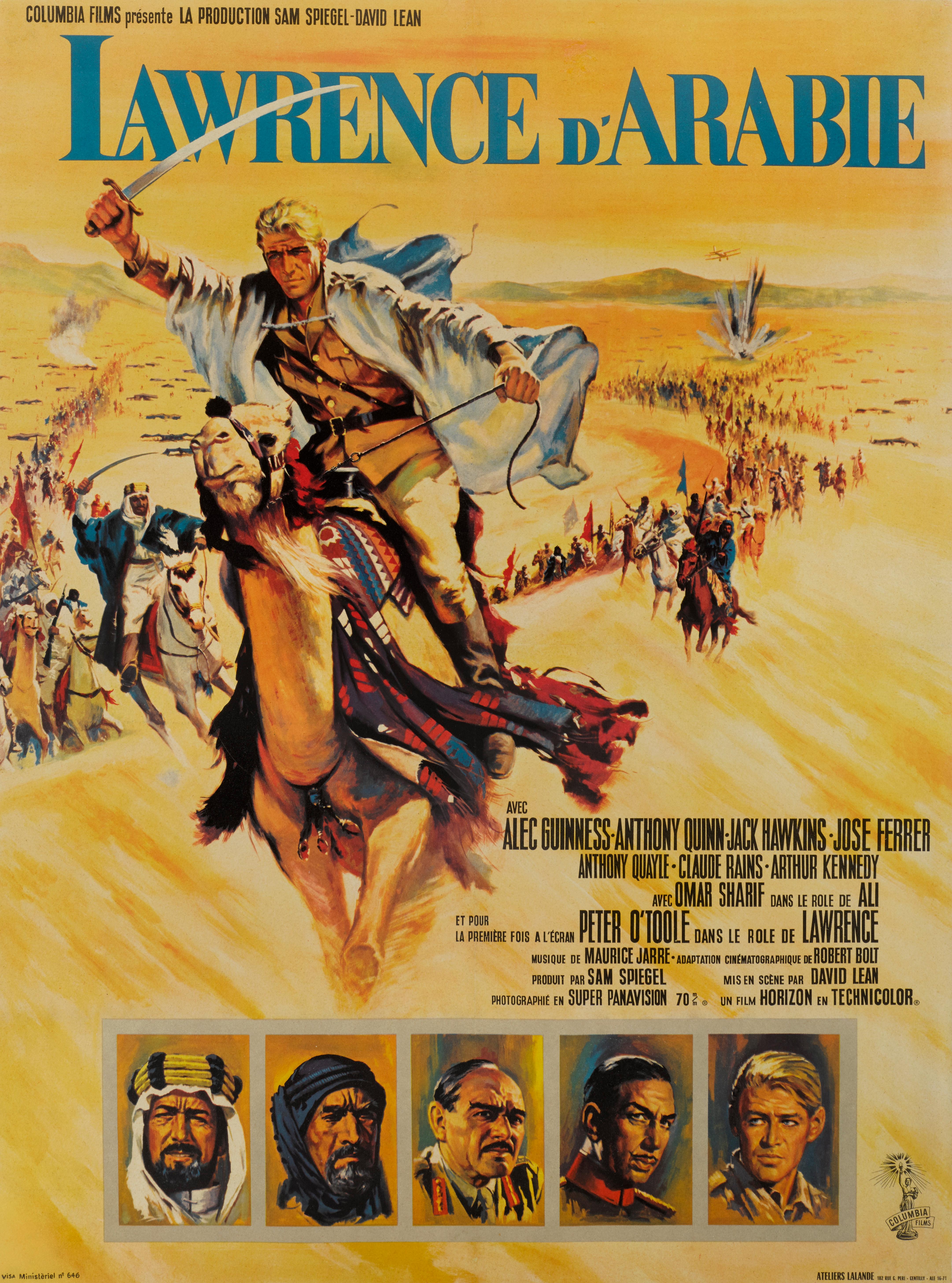 Original French film poster.
This epic British film is based on the life of T. E. Lawrence. It was directed by David Lean and produced by Sam Spiegel. The film stars Peter O'Toole in the title role, together with Alec Guinness, Anthony Quinn and