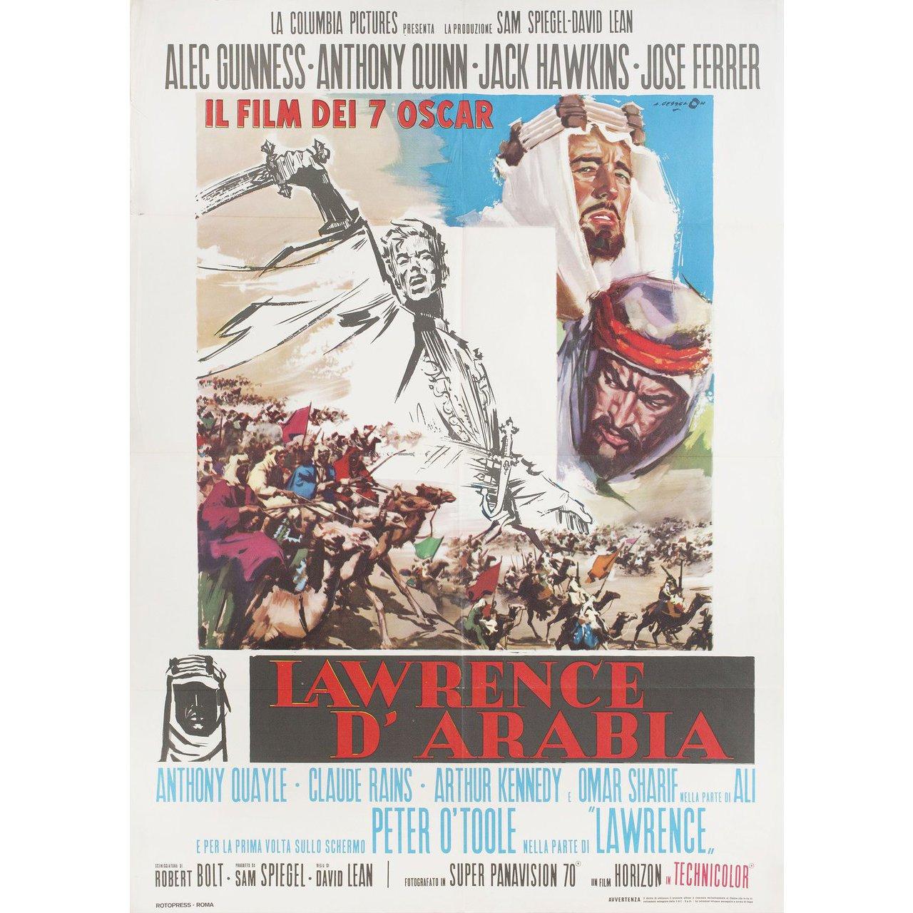 Original 1970s re-release Italian due fogli poster by Angelo Cesselon for the 1962 film Lawrence of Arabia directed by David Lean with Peter O'Toole / Alec Guinness / Anthony Quinn / Jack Hawkins. Good-Very Good condition, folded with repaired tears