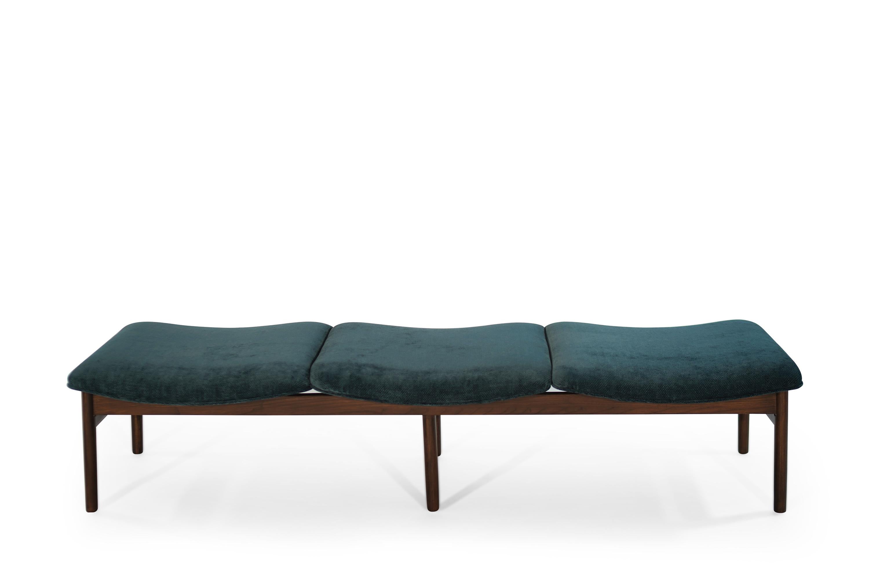 Rarely see three-seater bench designed by Lawrence Peabody for Nemschoff, circa 1950s. Walnut frame fully restored, newly upholstered in teal twill by Holly Hunt.