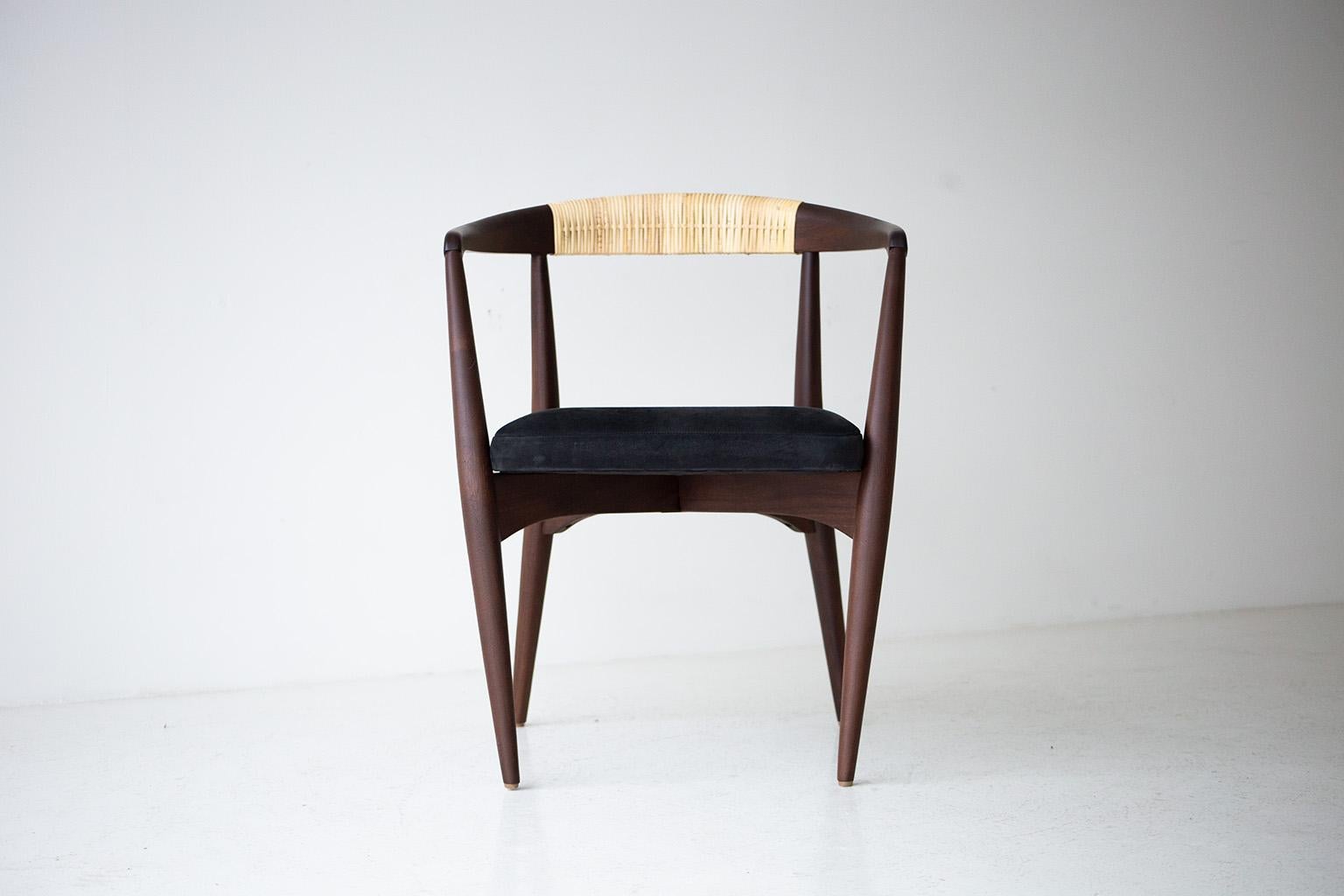 Designer: Lawrence Peabody 

Manufacturer: Craft Associates® Furniture 
Period/Model: Mid-Century Modern 
Specs: Walnut, Cane, Leather 

These Lawrence Peabody cane back dining chairs are expertly handcrafted and upholstered. These Peabody