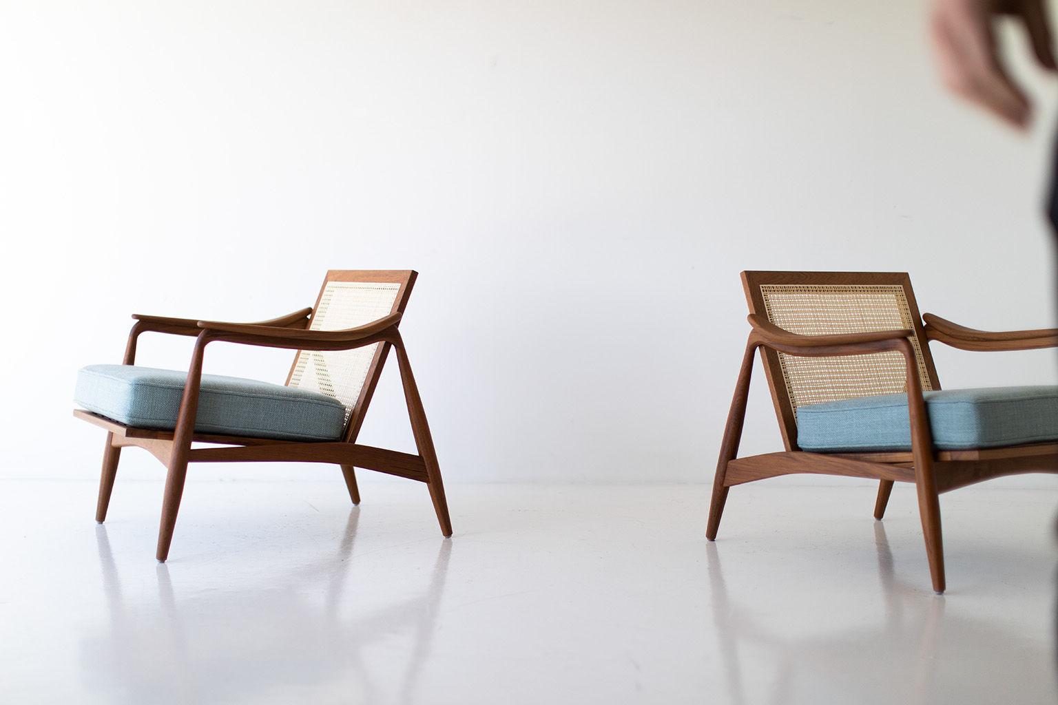 Fabric Lawrence Peabody Cane Back Teak Lounge Chairs for Craft Associates Furniture For Sale