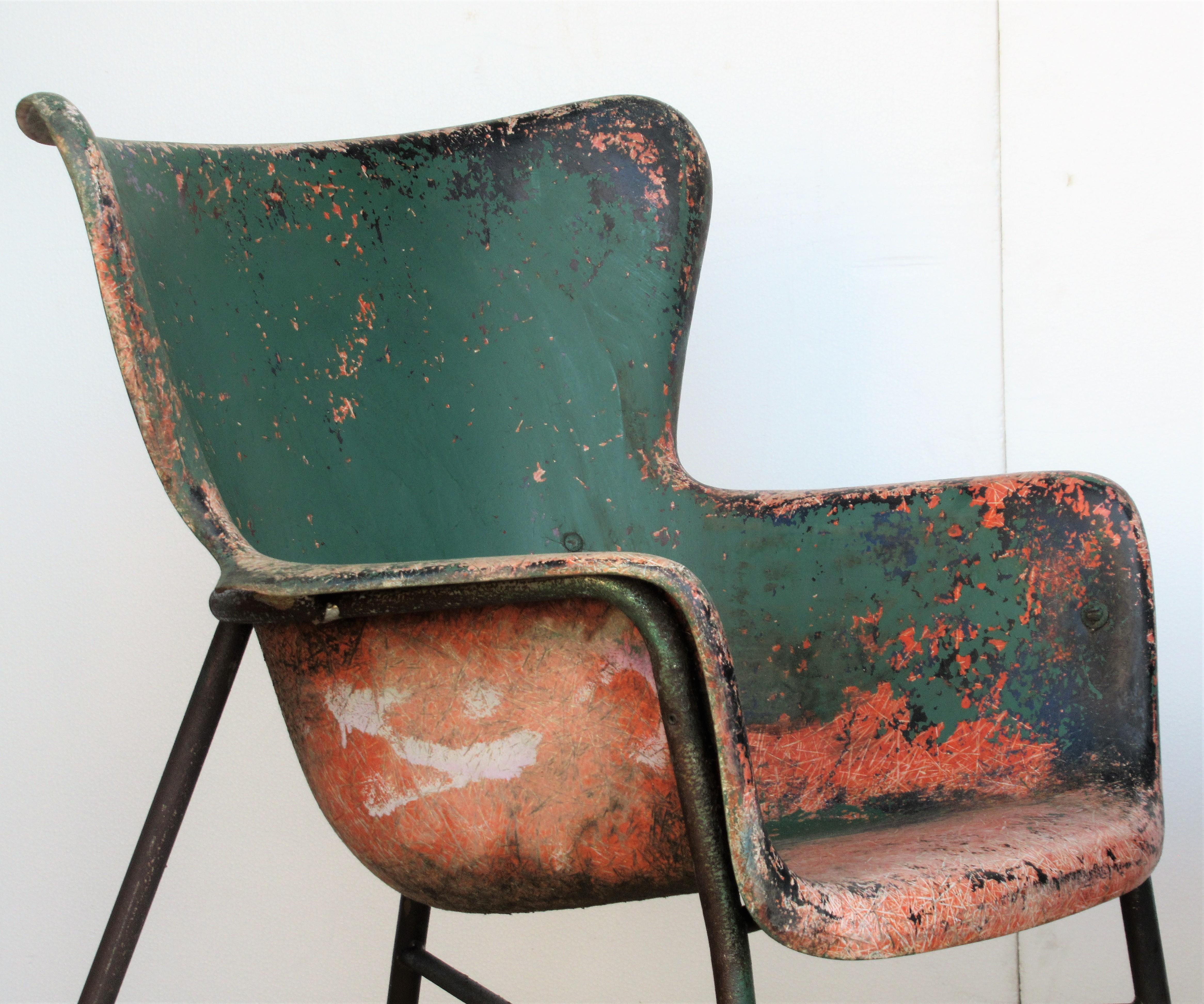 Lawrence Peabody Fiberglass Wing Chairs in Brilliant Worn Old Painted Surface 2