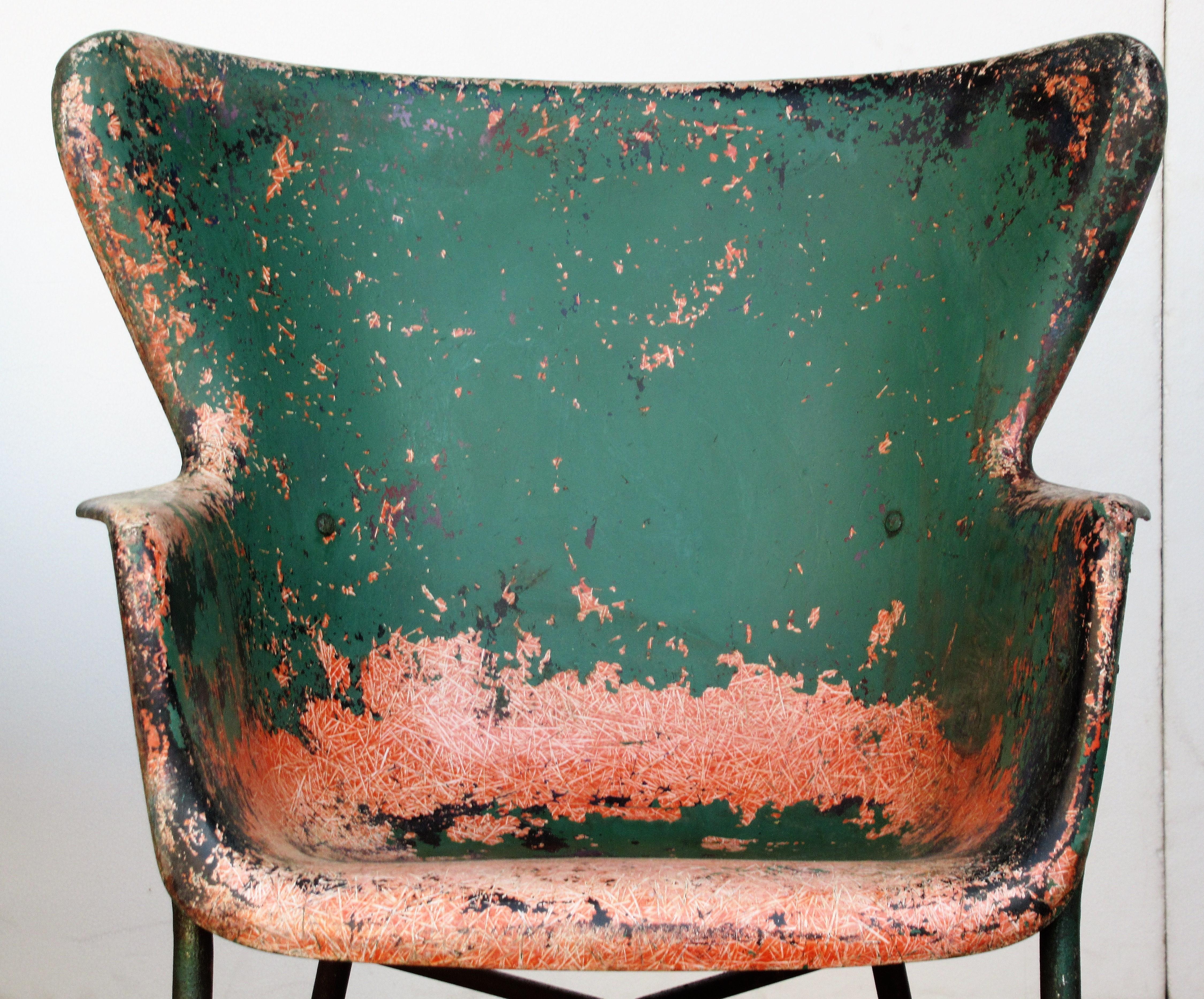 Lawrence Peabody Fiberglass Wing Chairs in Brilliant Worn Old Painted Surface 3