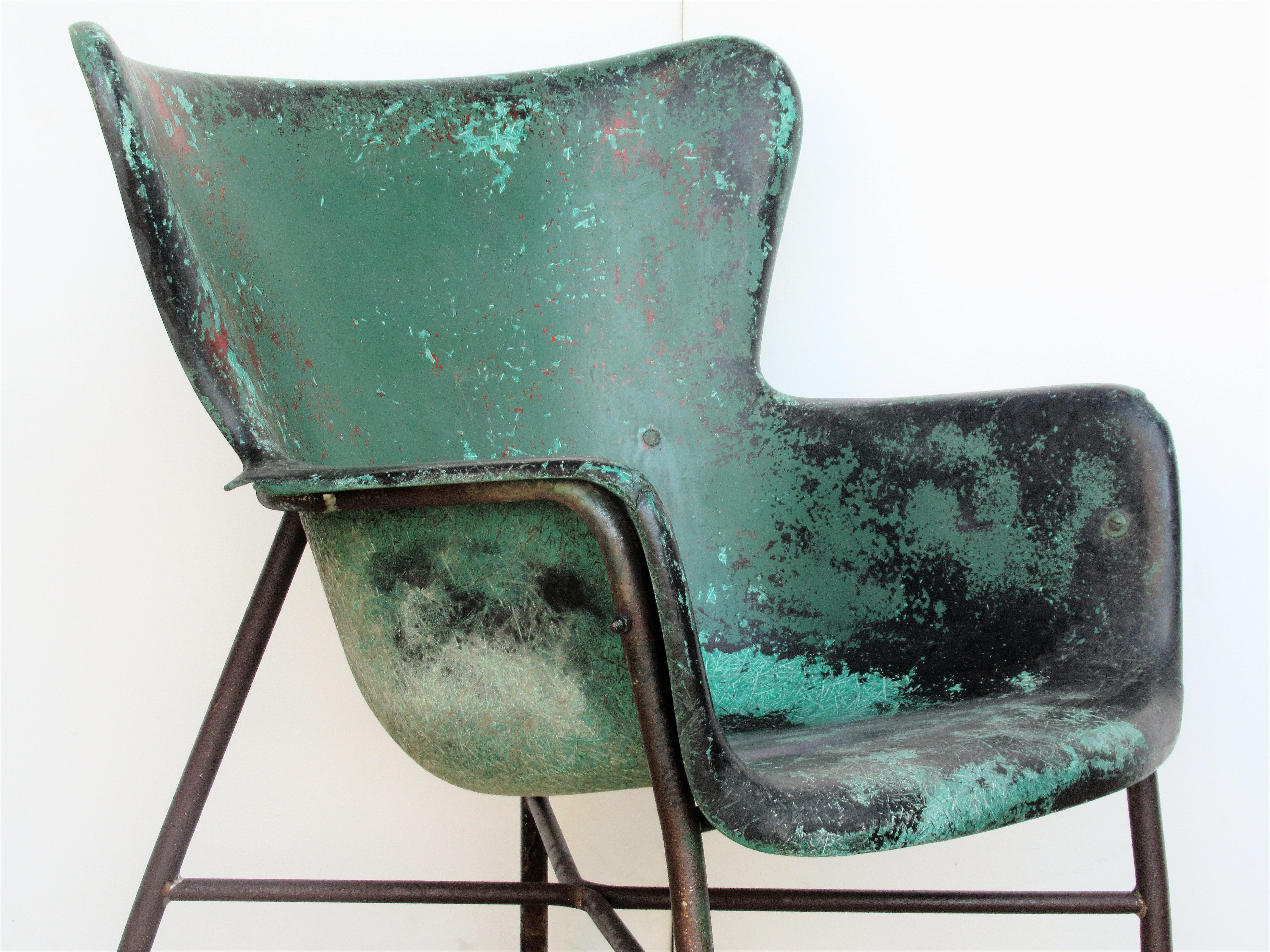 Lawrence Peabody Fiberglass Wing Chairs in Brilliant Worn Old Painted Surface 4
