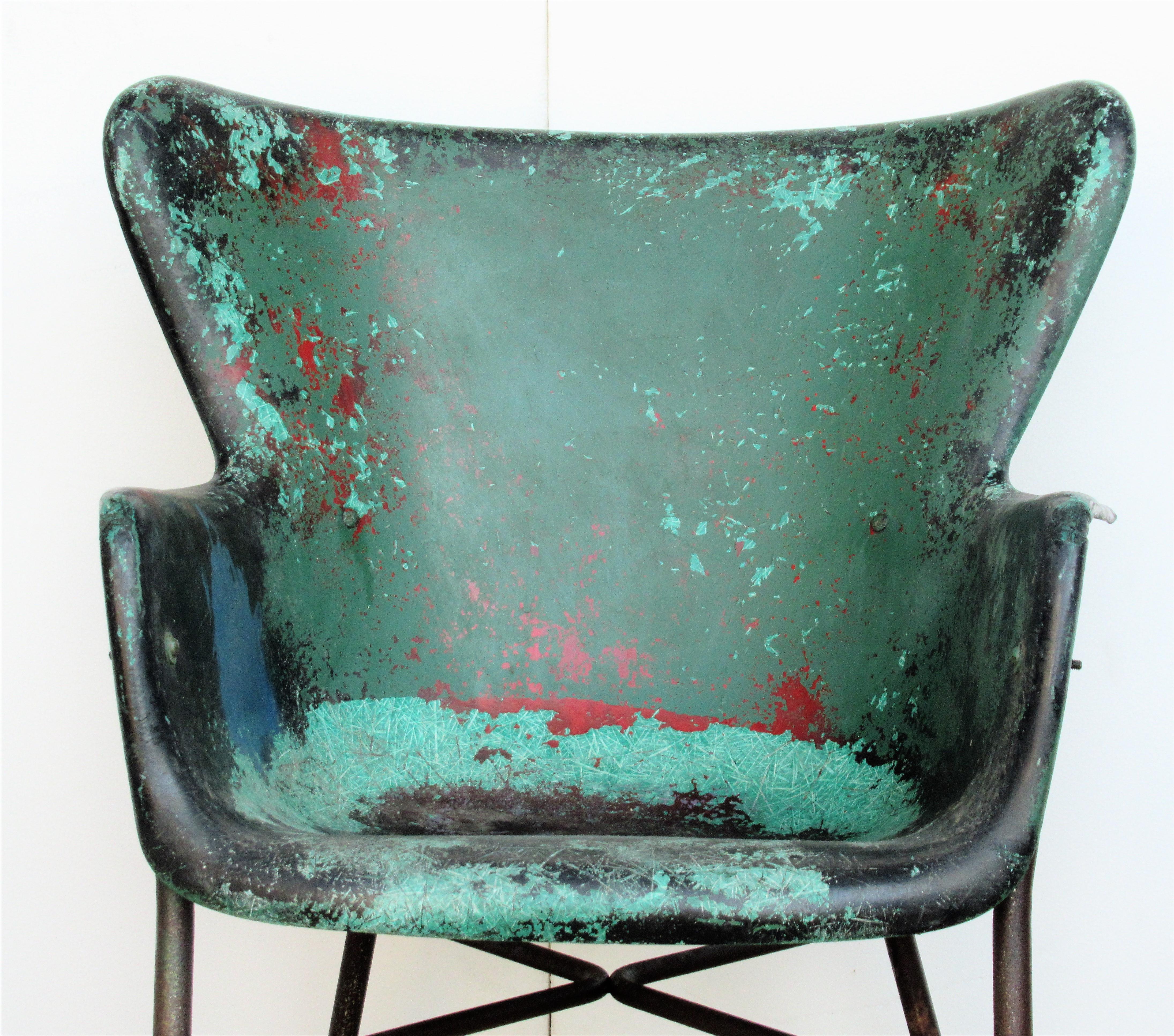 Lawrence Peabody Fiberglass Wing Chairs in Brilliant Worn Old Painted Surface 5