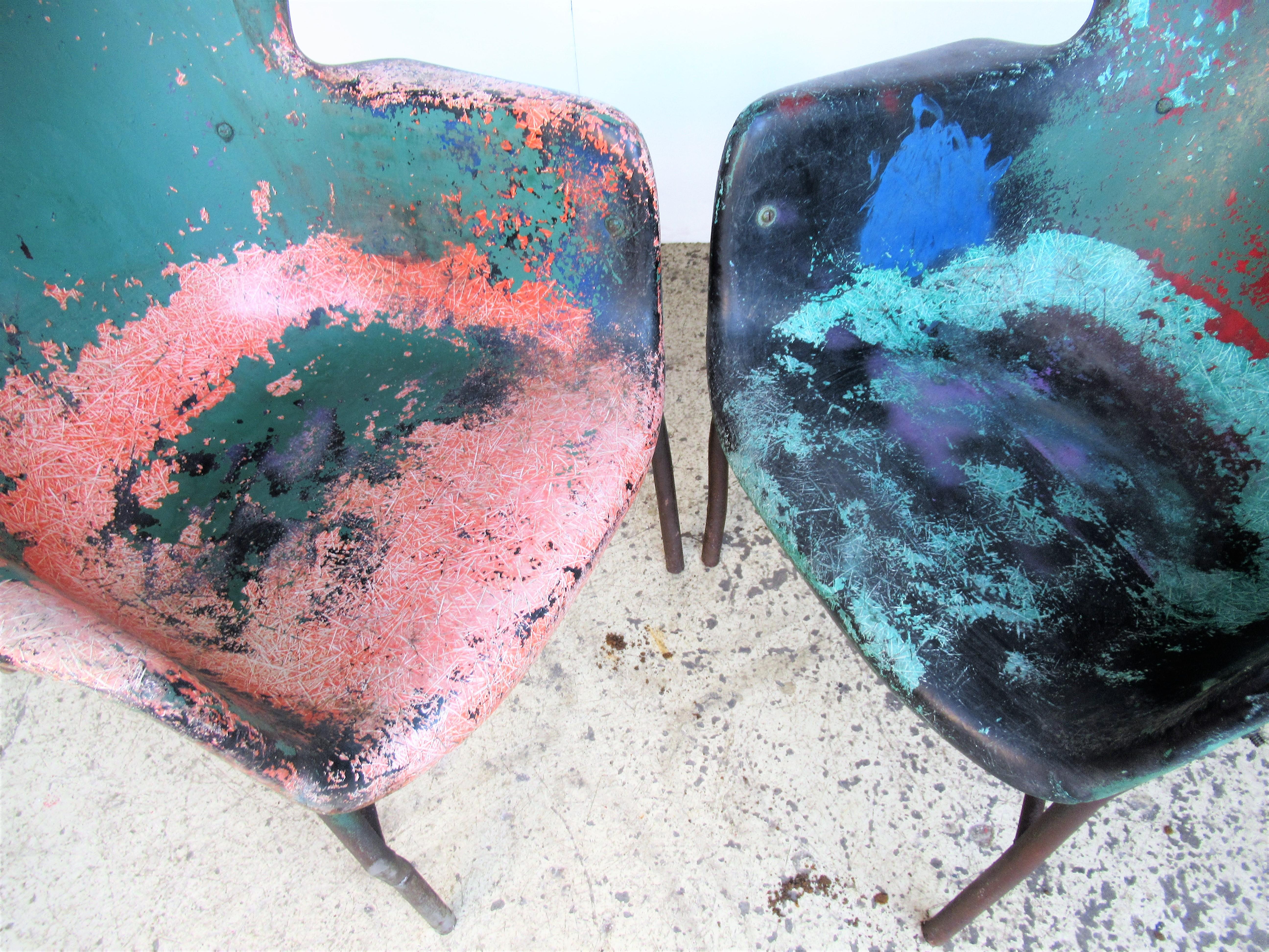 Lawrence Peabody Fiberglass Wing Chairs in Brilliant Worn Old Painted Surface 6