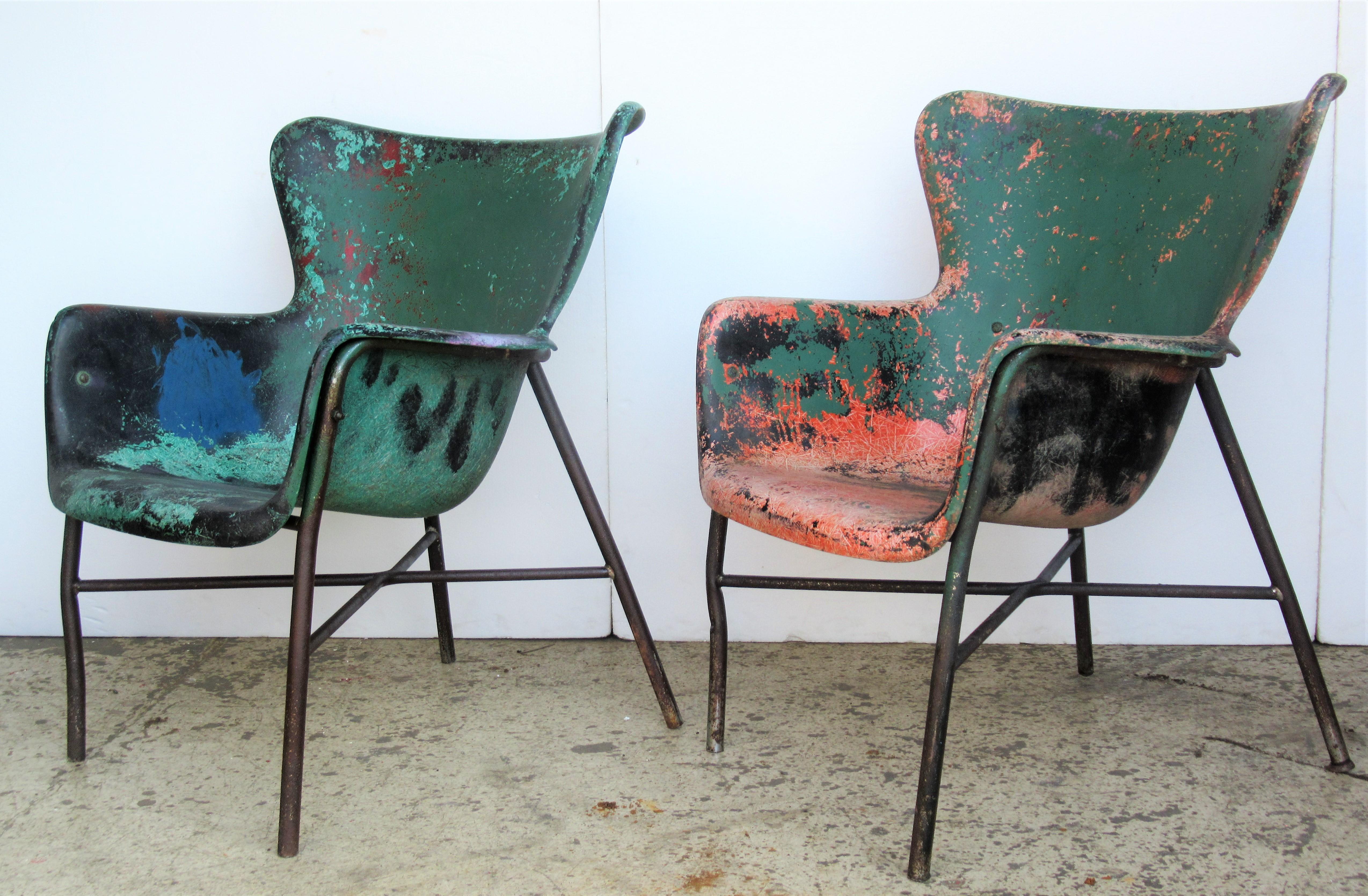 Lawrence Peabody Fiberglass Wing Chairs in Brilliant Worn Old Painted Surface 7