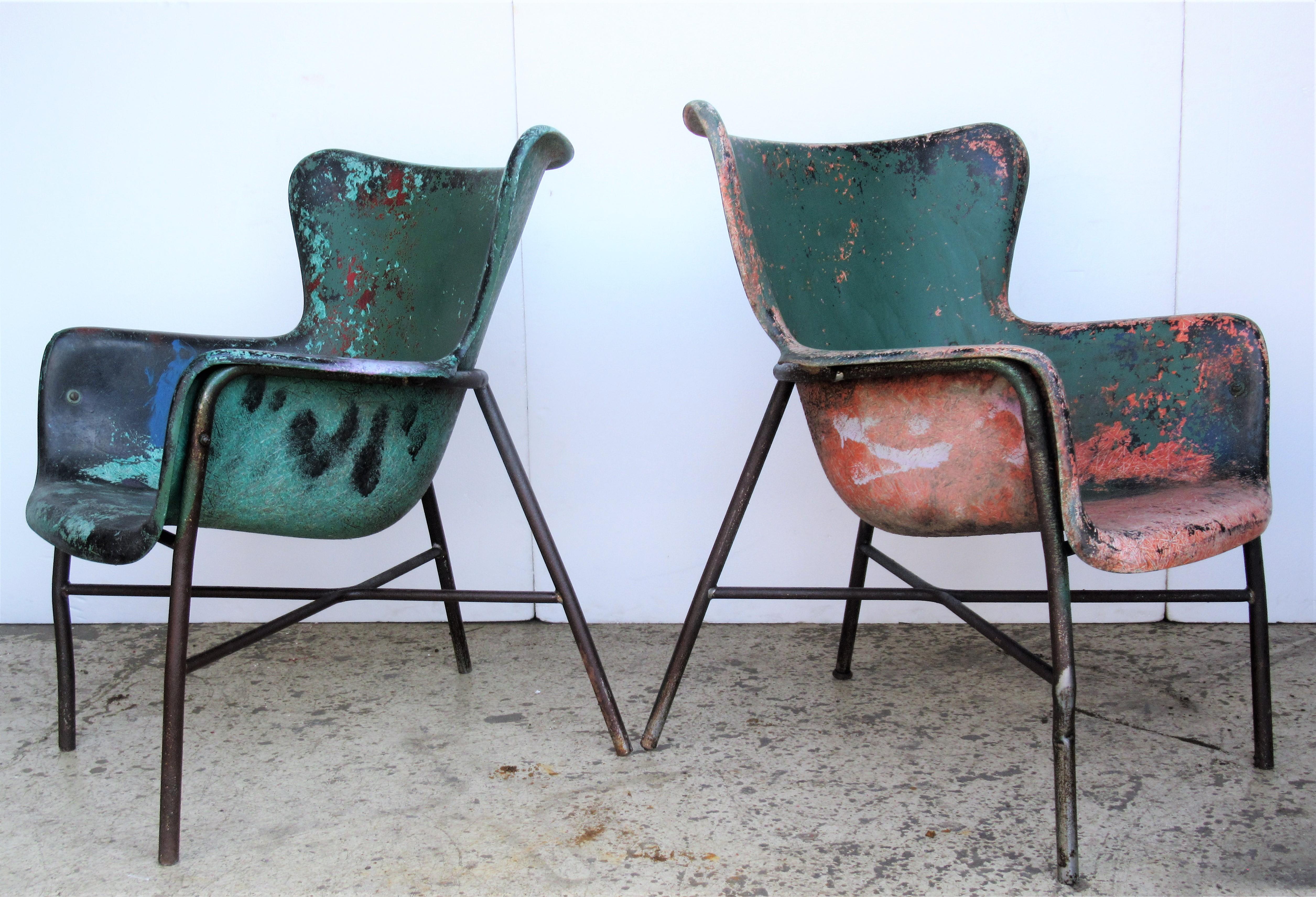 Lawrence Peabody Fiberglass Wing Chairs in Brilliant Worn Old Painted Surface 8