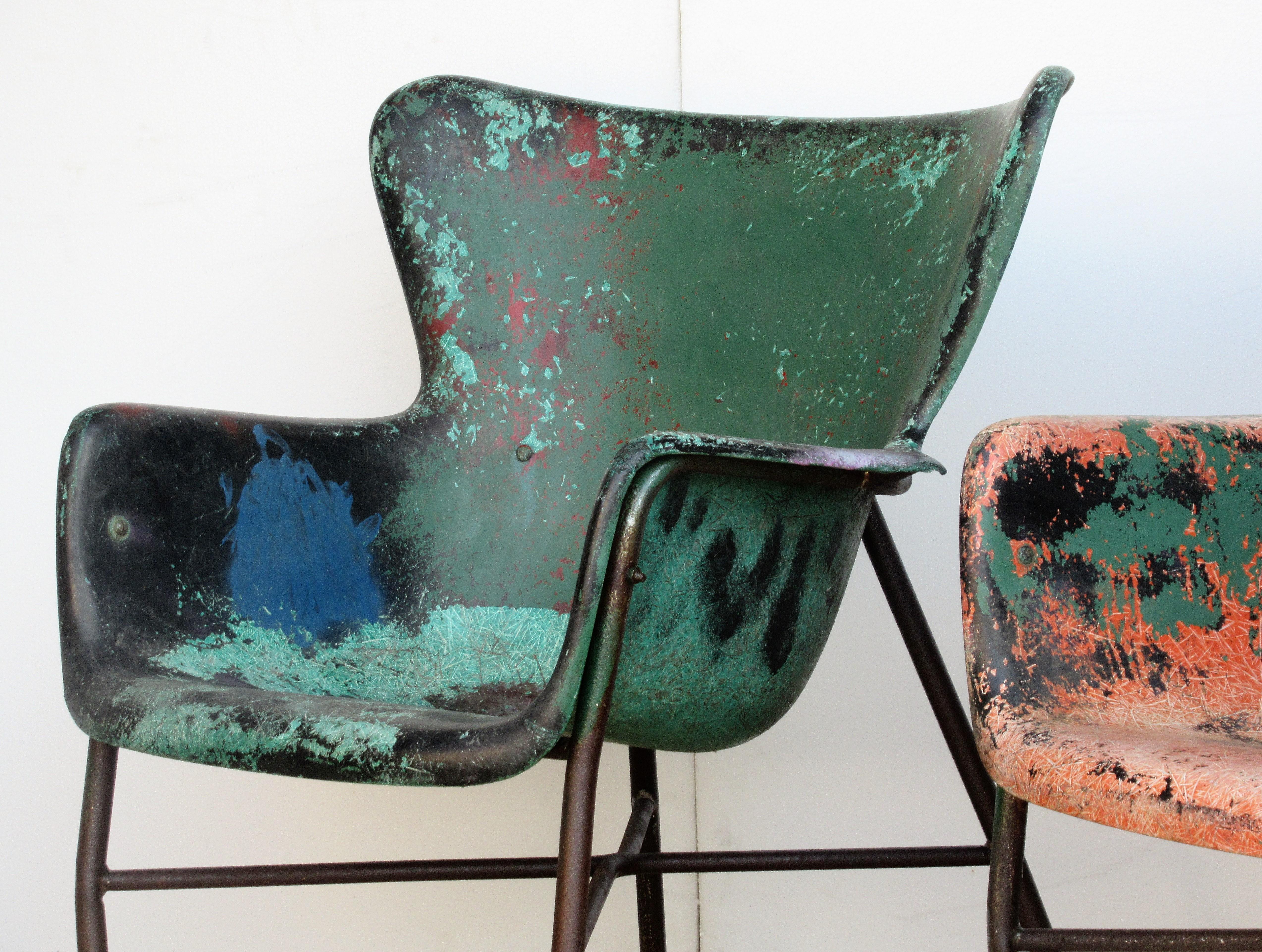 Mid-Century Modern Lawrence Peabody Fiberglass Wing Chairs in Brilliant Worn Old Painted Surface