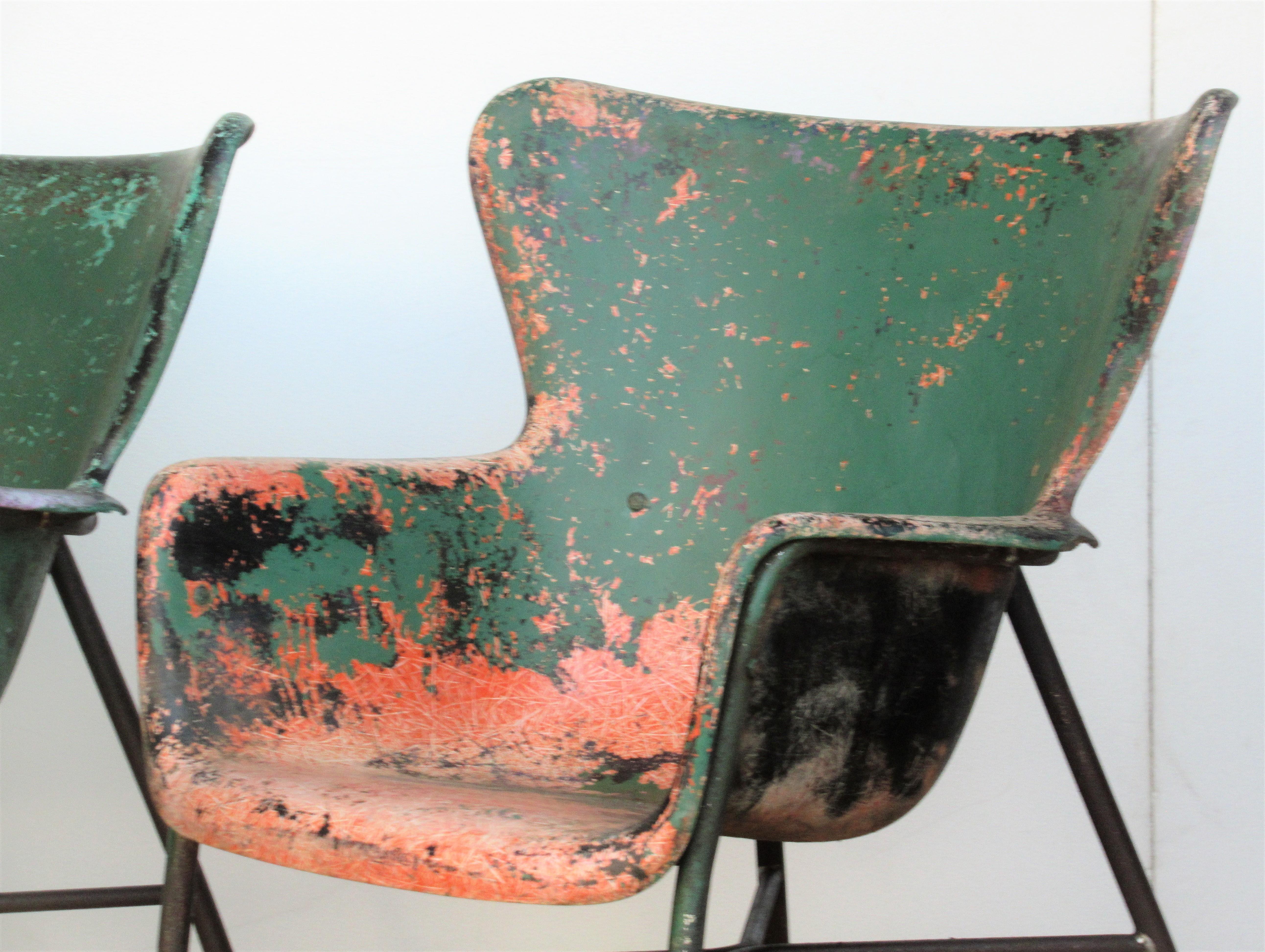 American Lawrence Peabody Fiberglass Wing Chairs in Brilliant Worn Old Painted Surface