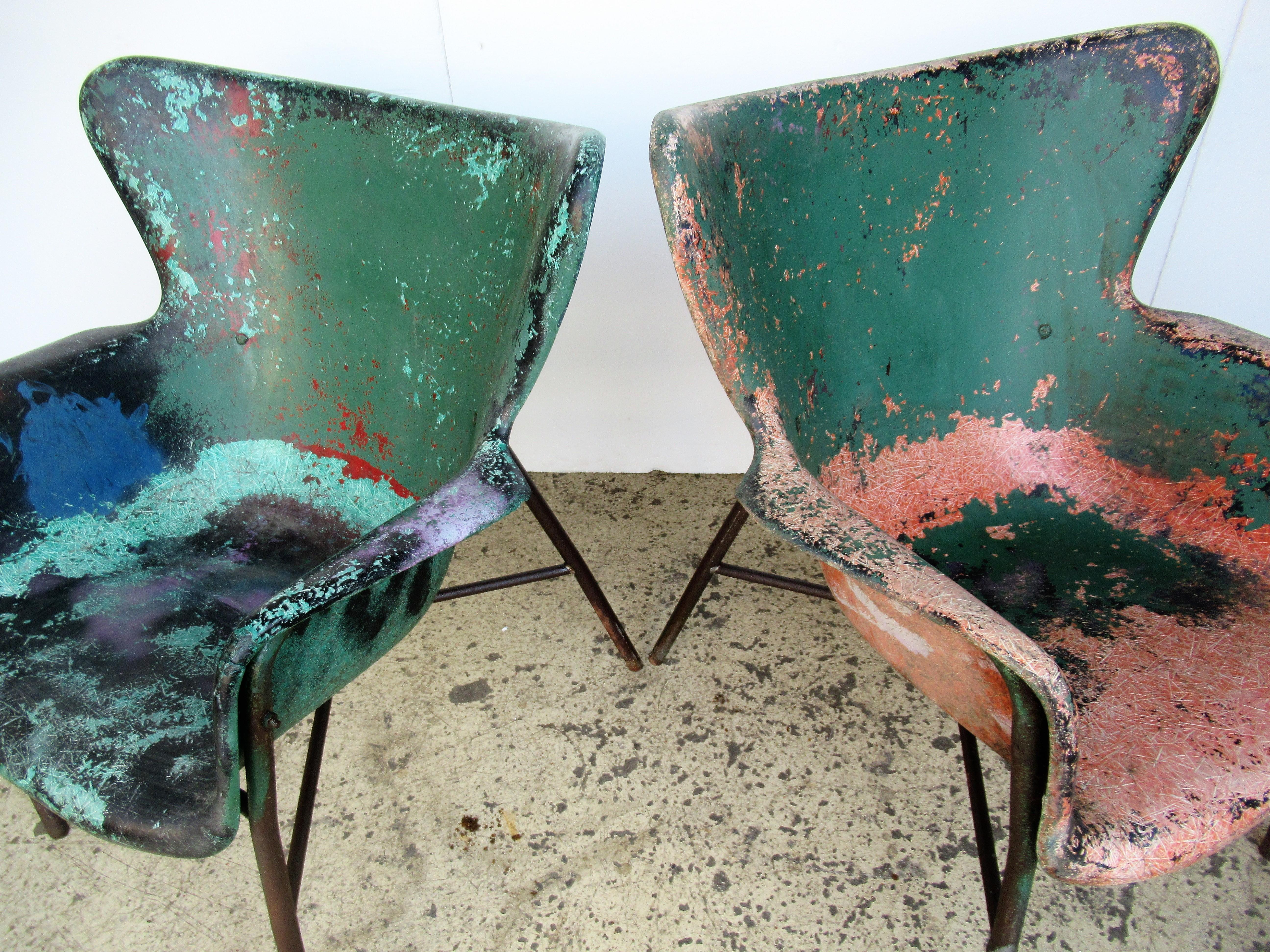 Lawrence Peabody Fiberglass Wing Chairs in Brilliant Worn Old Painted Surface In Distressed Condition In Rochester, NY
