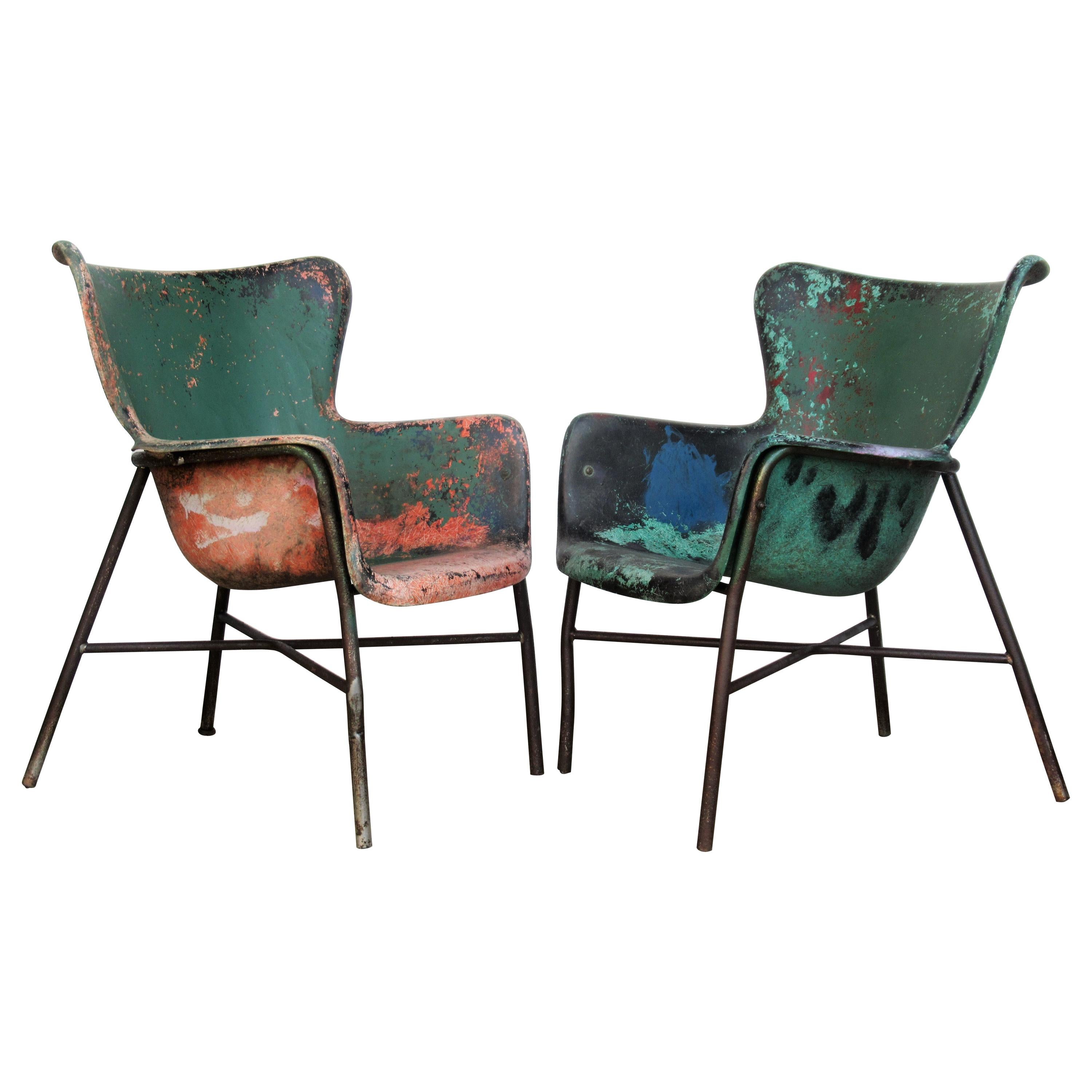 Lawrence Peabody Fiberglass Wing Chairs in Brilliant Worn Old Painted Surface