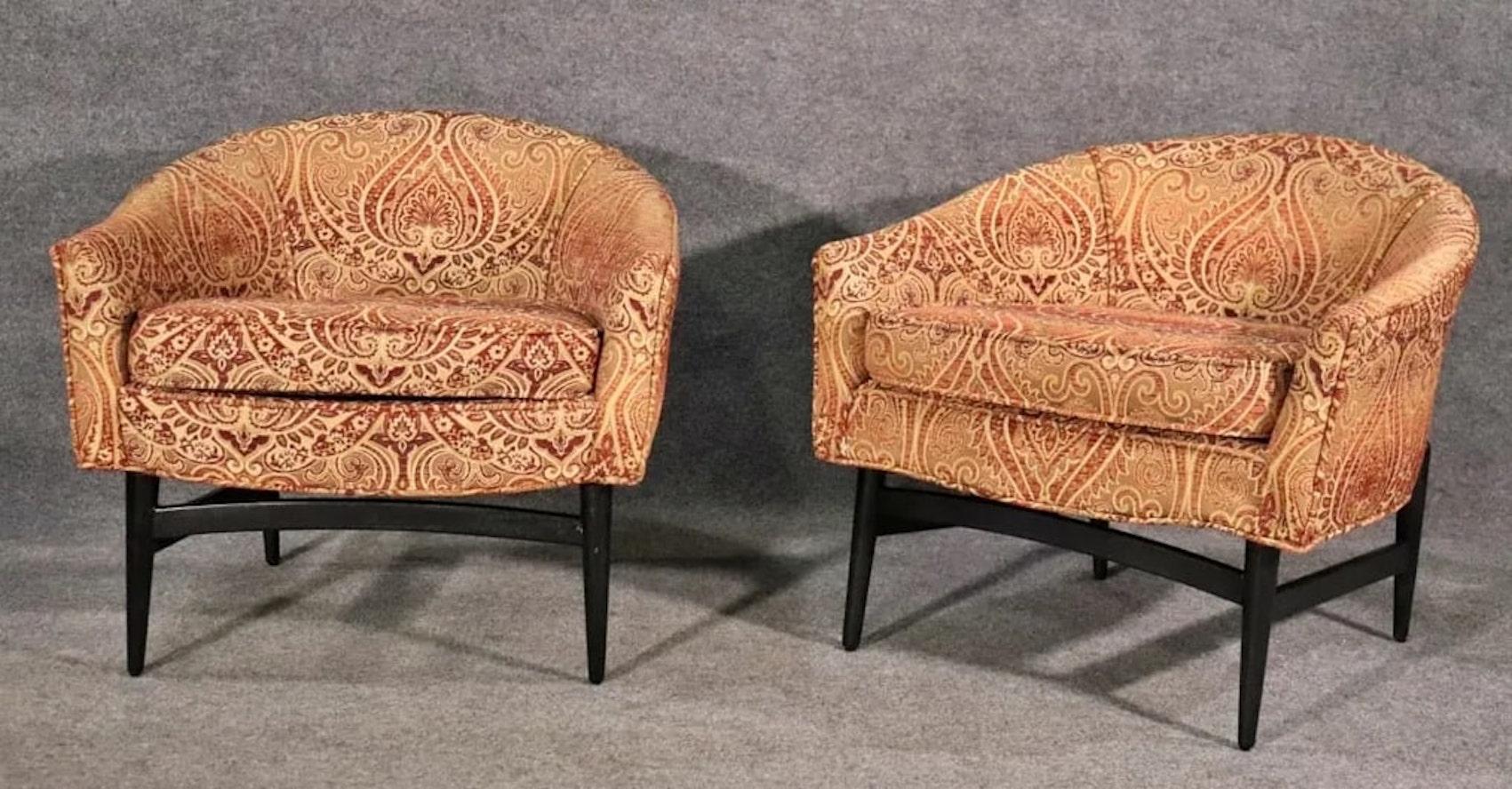Pair of barrel back lounge chairs designed by Lawrence Peabody. Black painted wood base under a rounded frame.
Please confirm location NY or NJ