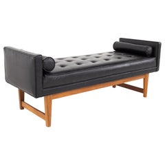 Lawrence Peabody for Selig Mid Century Tufted Black Leather Bench