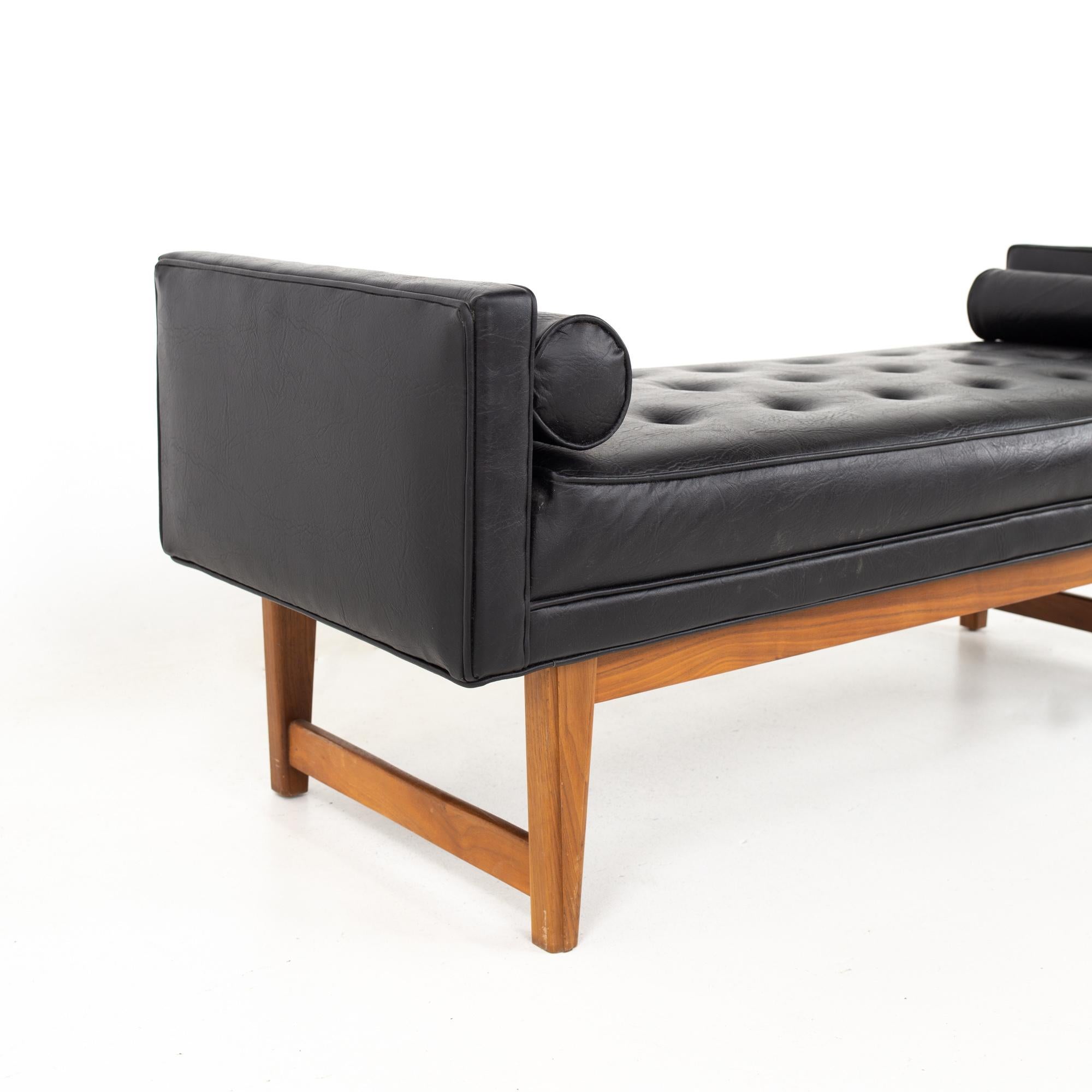 American Lawrence Peabody for Selig Mid Century Tufted Black Leather Upholstered Bench