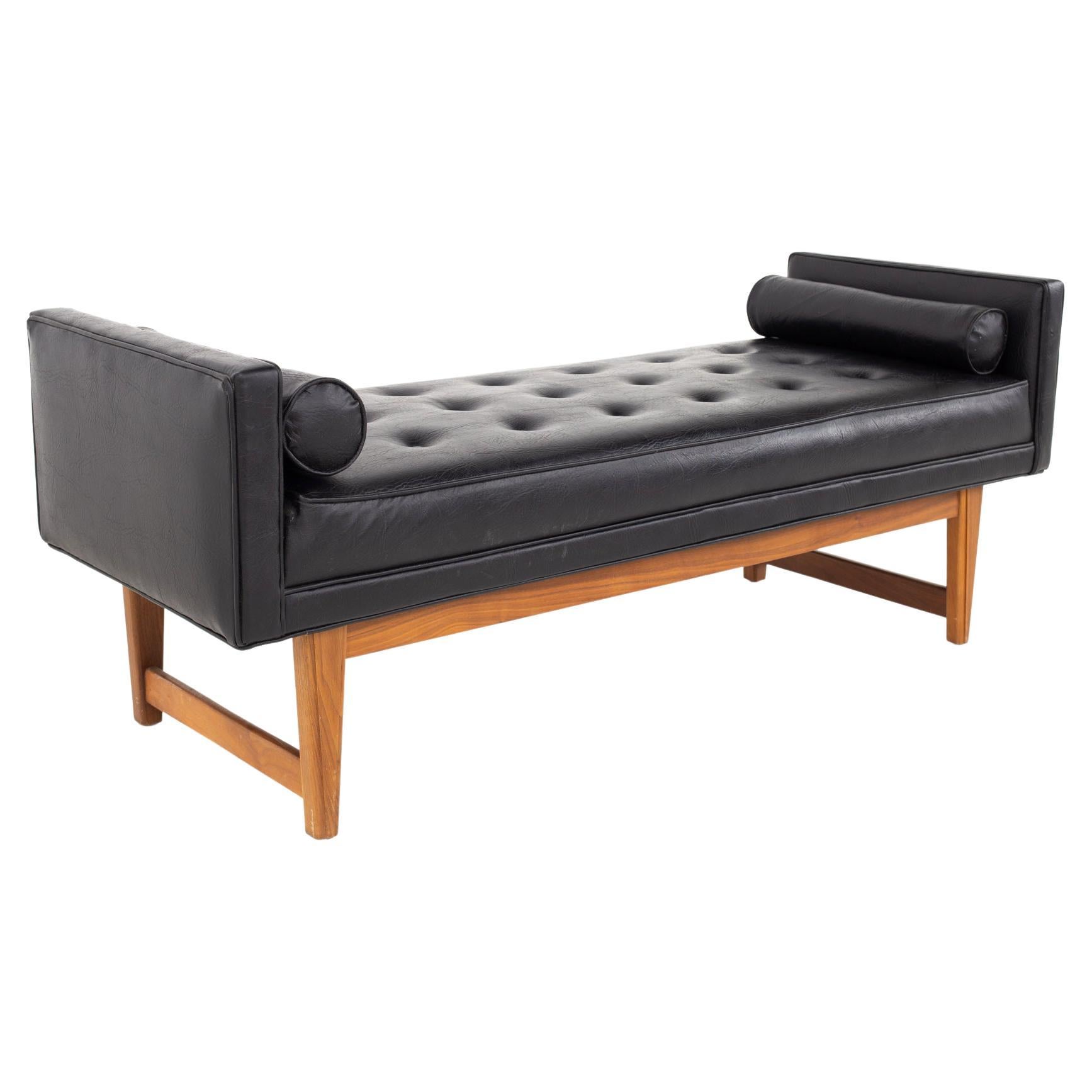 Lawrence Peabody for Selig Mid Century Tufted Black Leather Upholstered Bench