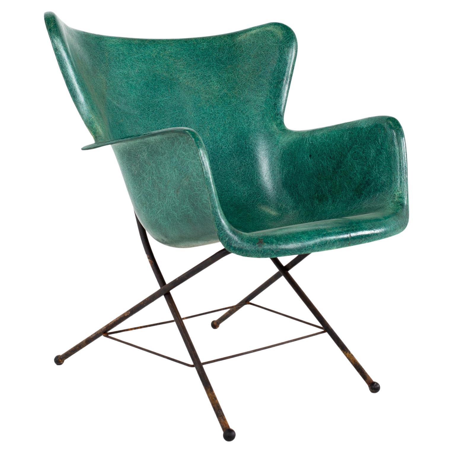 Lawrence Peabody for Selig Mid Century Wingback Fiberglass Shell Chair, Green