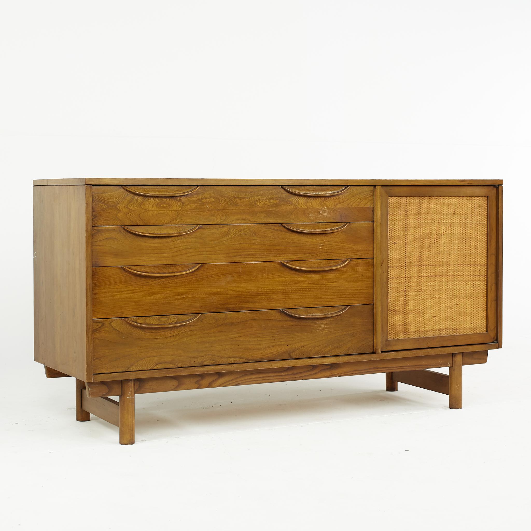 Lawrence Peabody Mid-Century Cane Front Buffet and Hutch For Sale 1