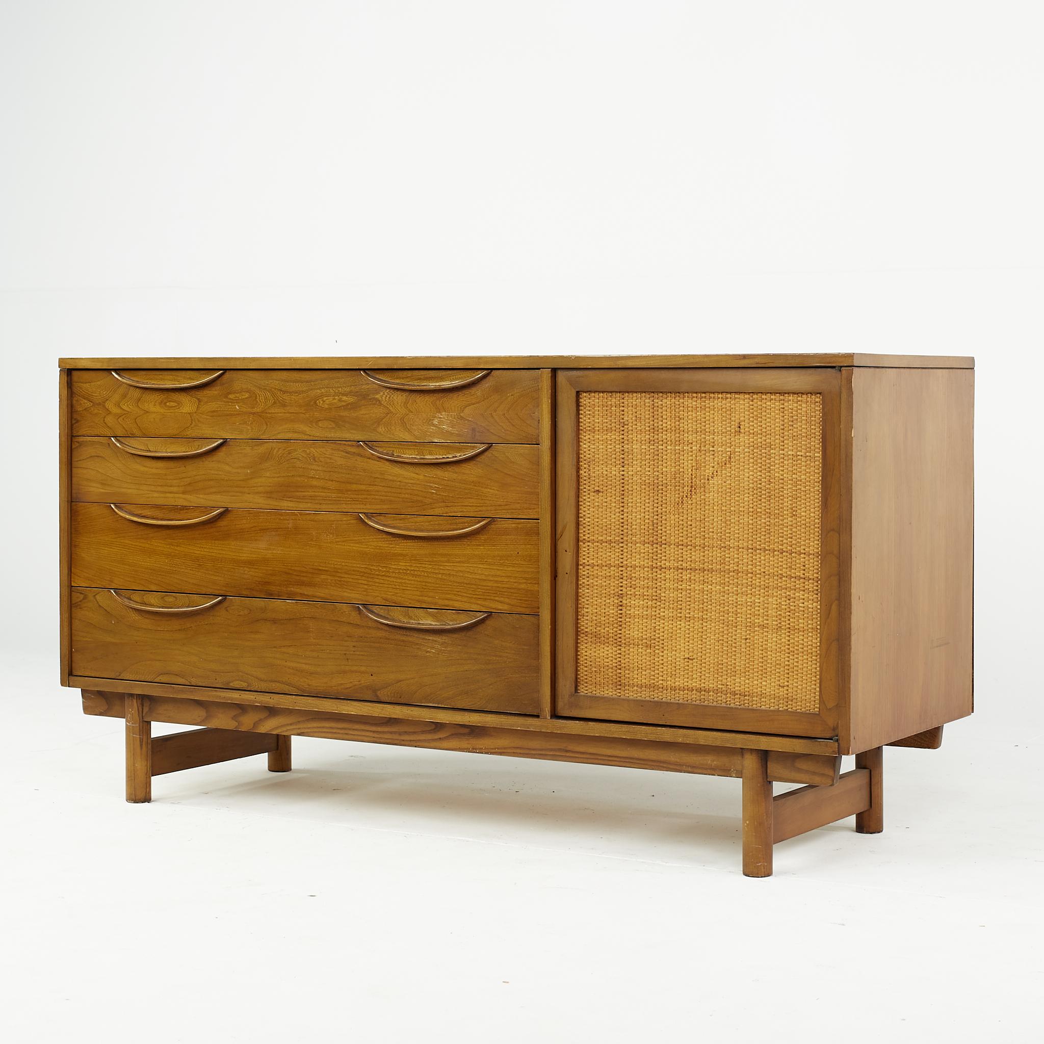 Lawrence Peabody Mid-Century Cane Front Buffet and Hutch For Sale 3