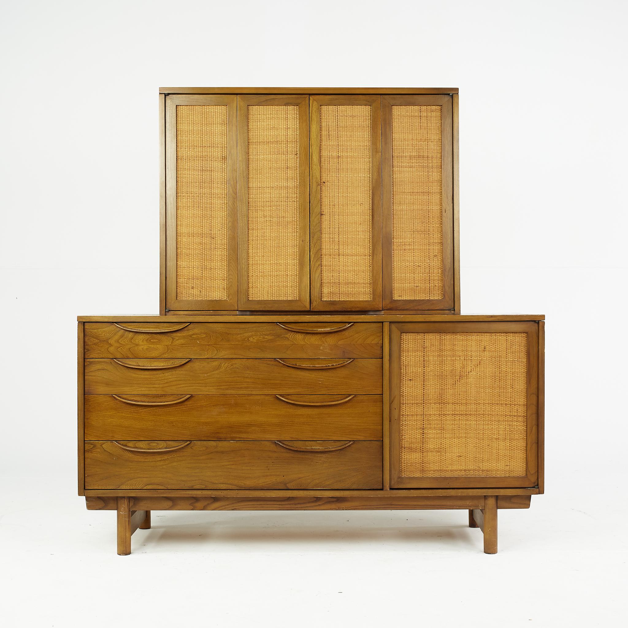 Lawrence Peabody mid-century cane front buffet and hutch.

The buffet measures: 58 wide x 19 deep x 30 inches high.
The hutch measures: 38 wide x 14 deep x 29 inches high, making a maximum total height of 59 inches.

All pieces of furniture can