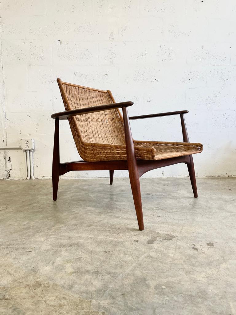 Lawrence Peabody Mid Century Cane or Wicker Lounge Sculptural Chair. Hand Woven Wicker. Cushions not original.